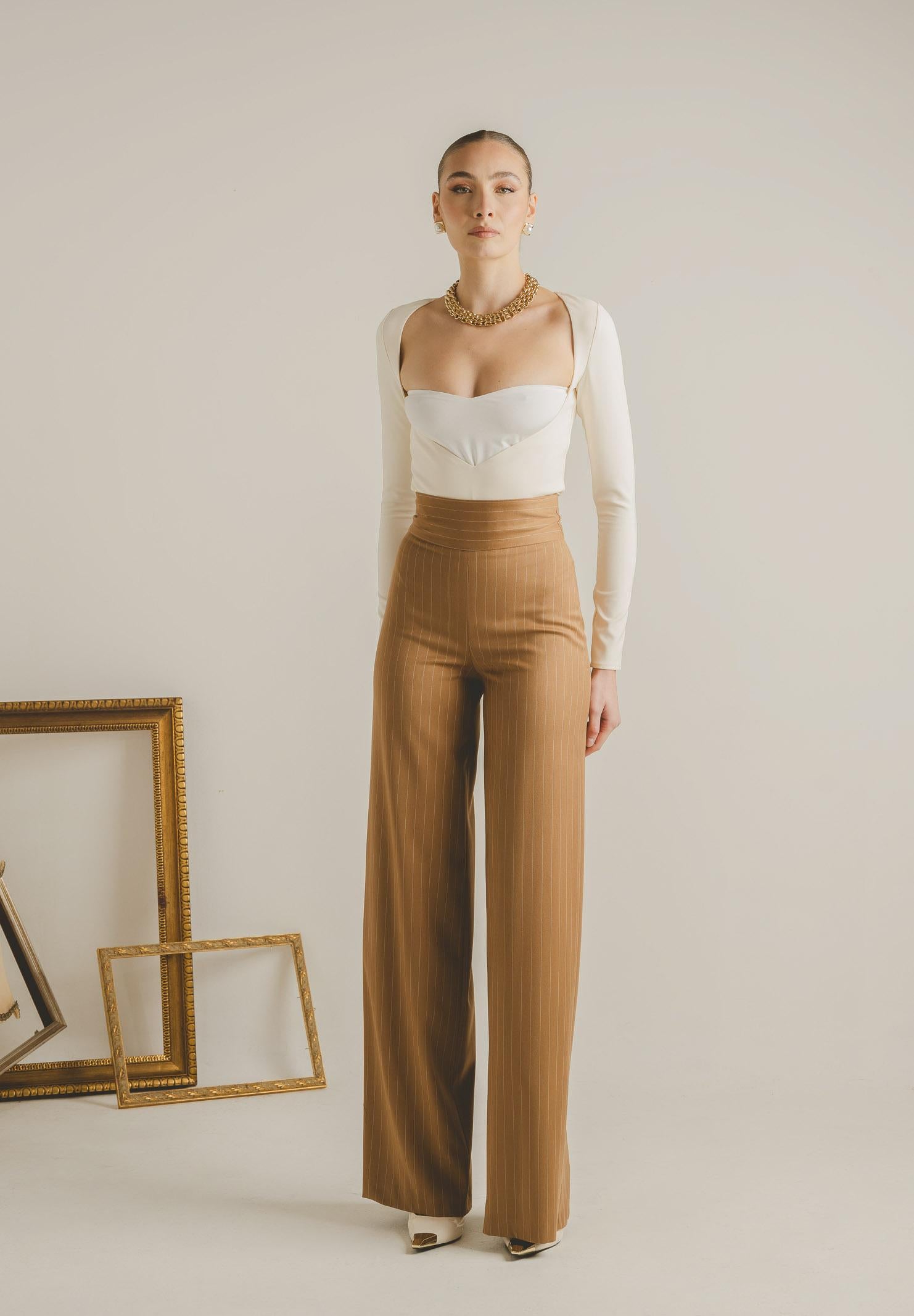 SANTAS Pantalone elegante POUVOIR color miele da donna con micro gessatura PV2626 MI SANTAS 