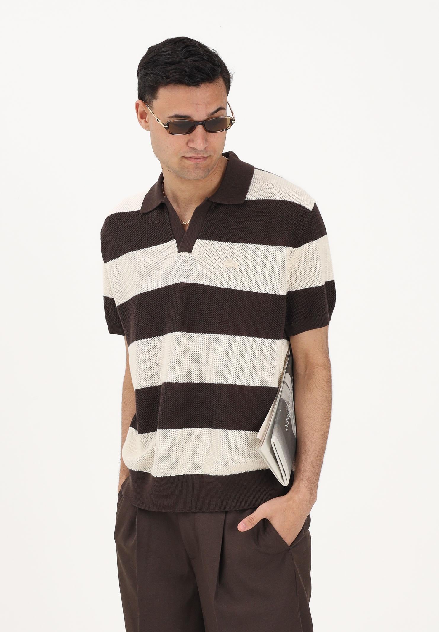 LACOSTE Polo in maglia marrone e panna da uomo AH2561 4I9 LACOSTE 