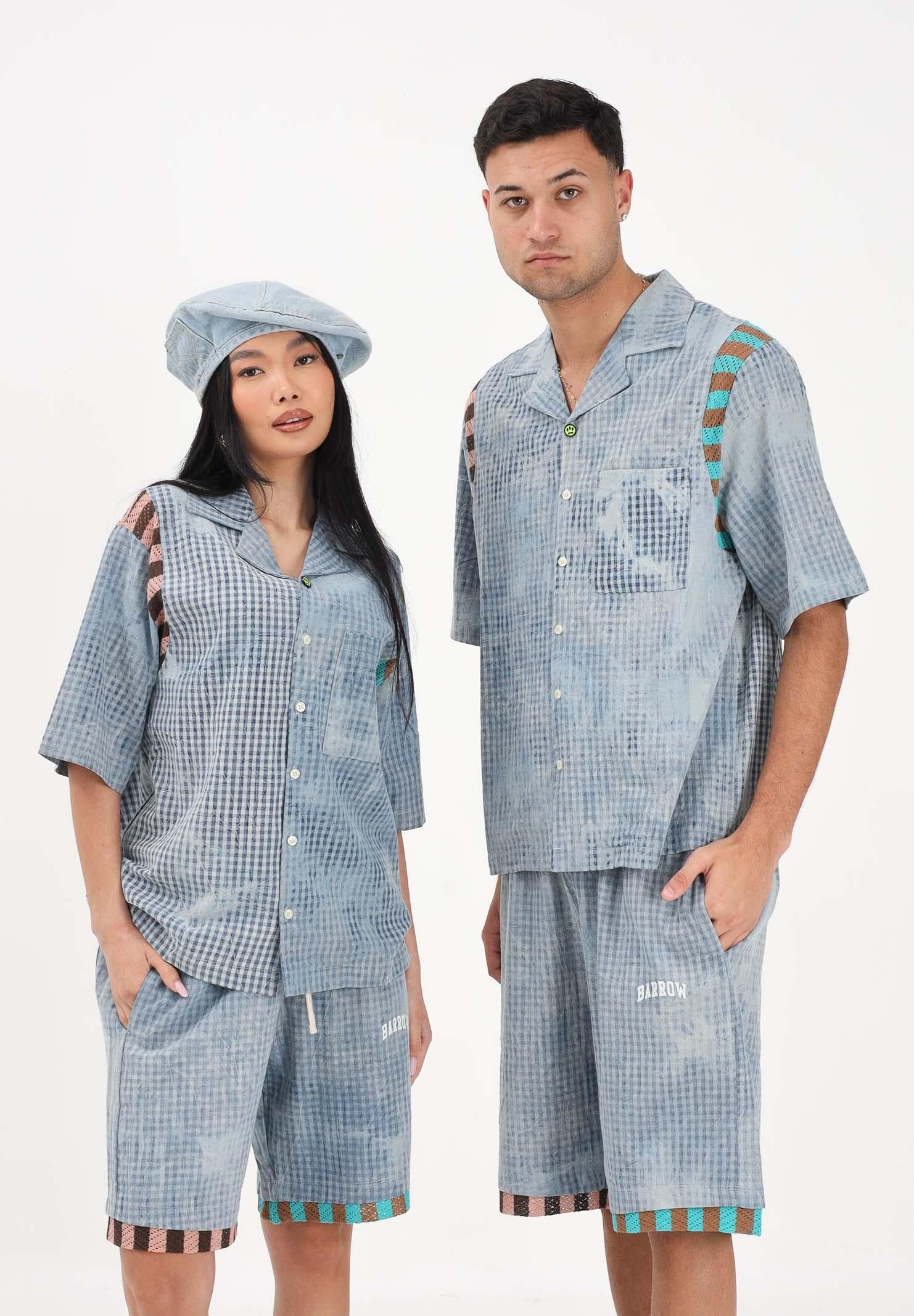 BARROW Camicia a manica corta celeste per uomo e donna con stampa micro check S6BWUASI055 172 BARROW 