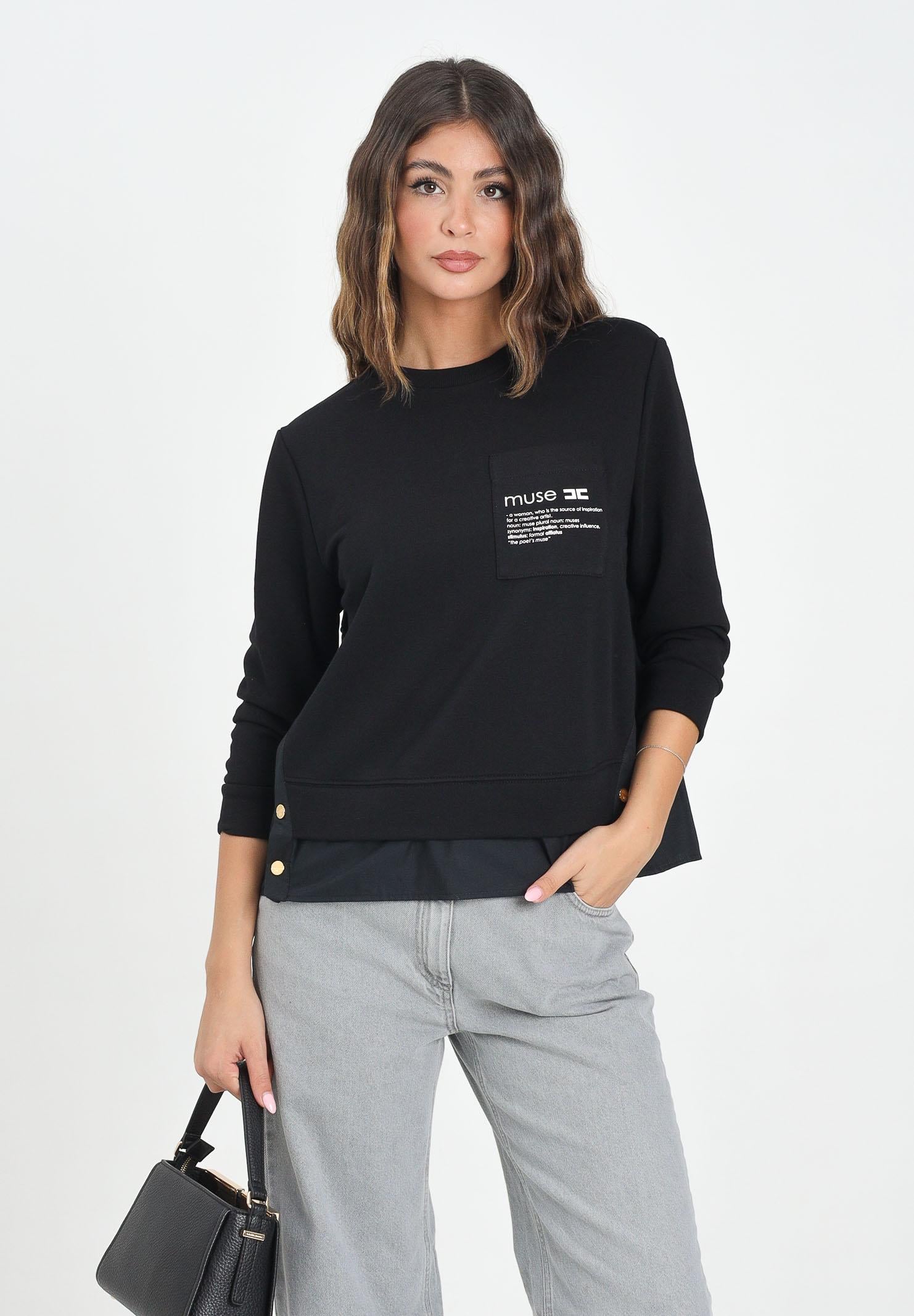 ELISABETTA FRANCHI Felpa girocollo nera da donna con dettagli in popeline MD00656E2 110 ELISABETTA FRANCHI 