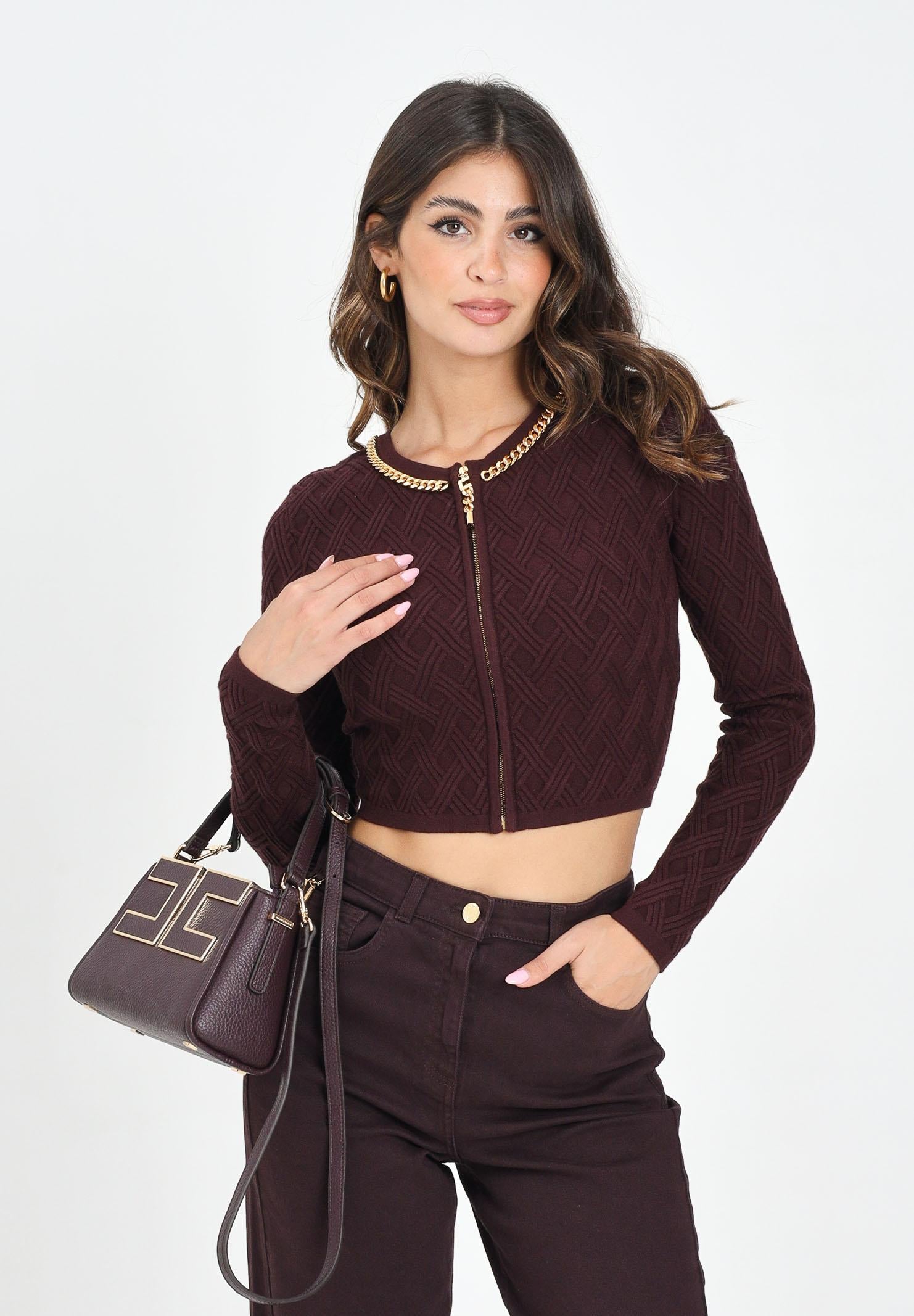 ELISABETTA FRANCHI Cardigan corto bordeaux da donna in maglia a rombi con dettaglio gioiello MK29B56E2 EA4 ELISABETTA FRANCHI 