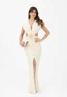 SHIT Abito lungo crema da donna con motivo di rosette in rilievo 3D SH26026 CR SHIT 