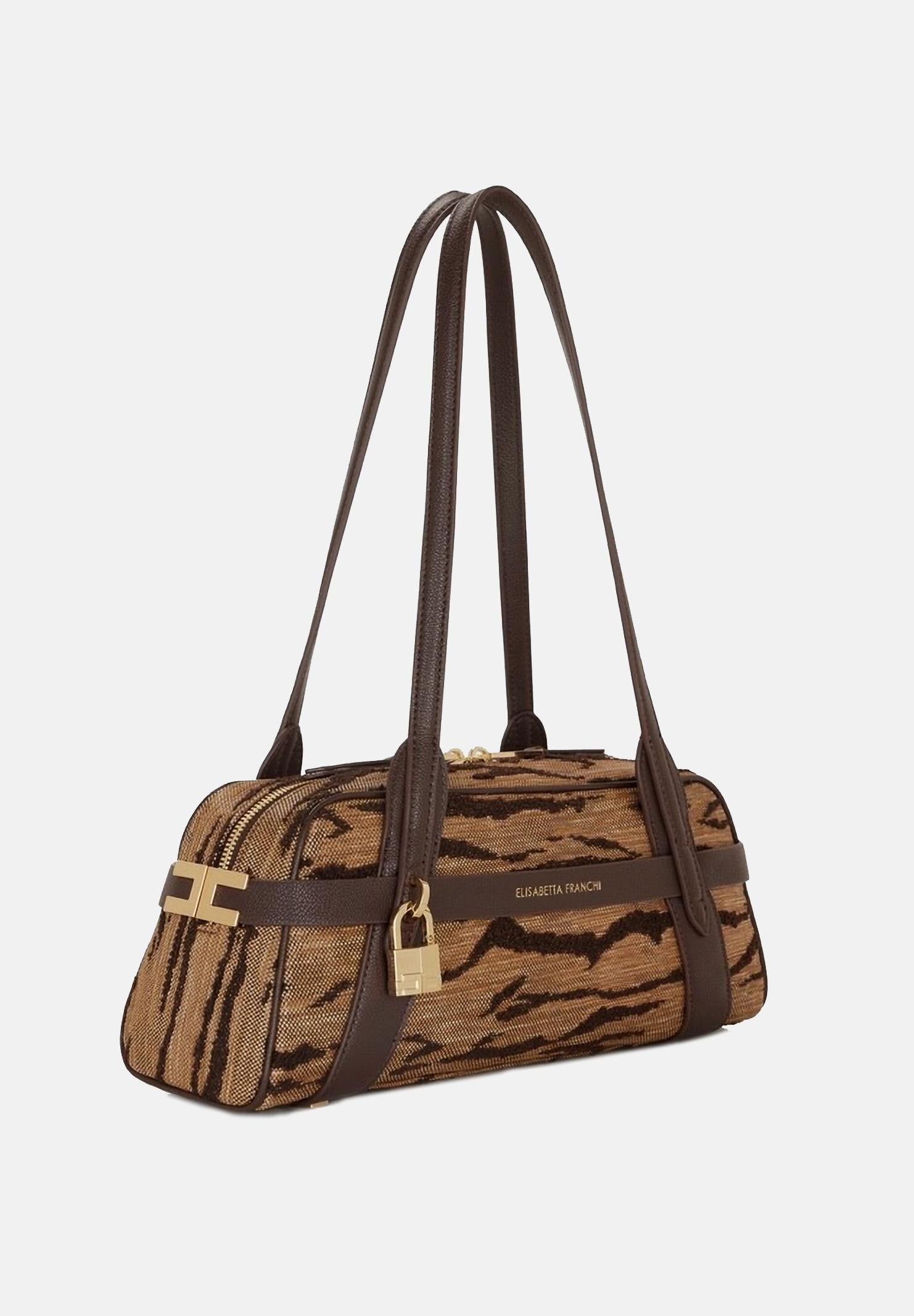 ELISABETTA FRANCHI Borsa a spalla cammello e marrone da donna con stampa tigre<BR/> BS11A62E2 470 ELISABETTA FRANCHI 