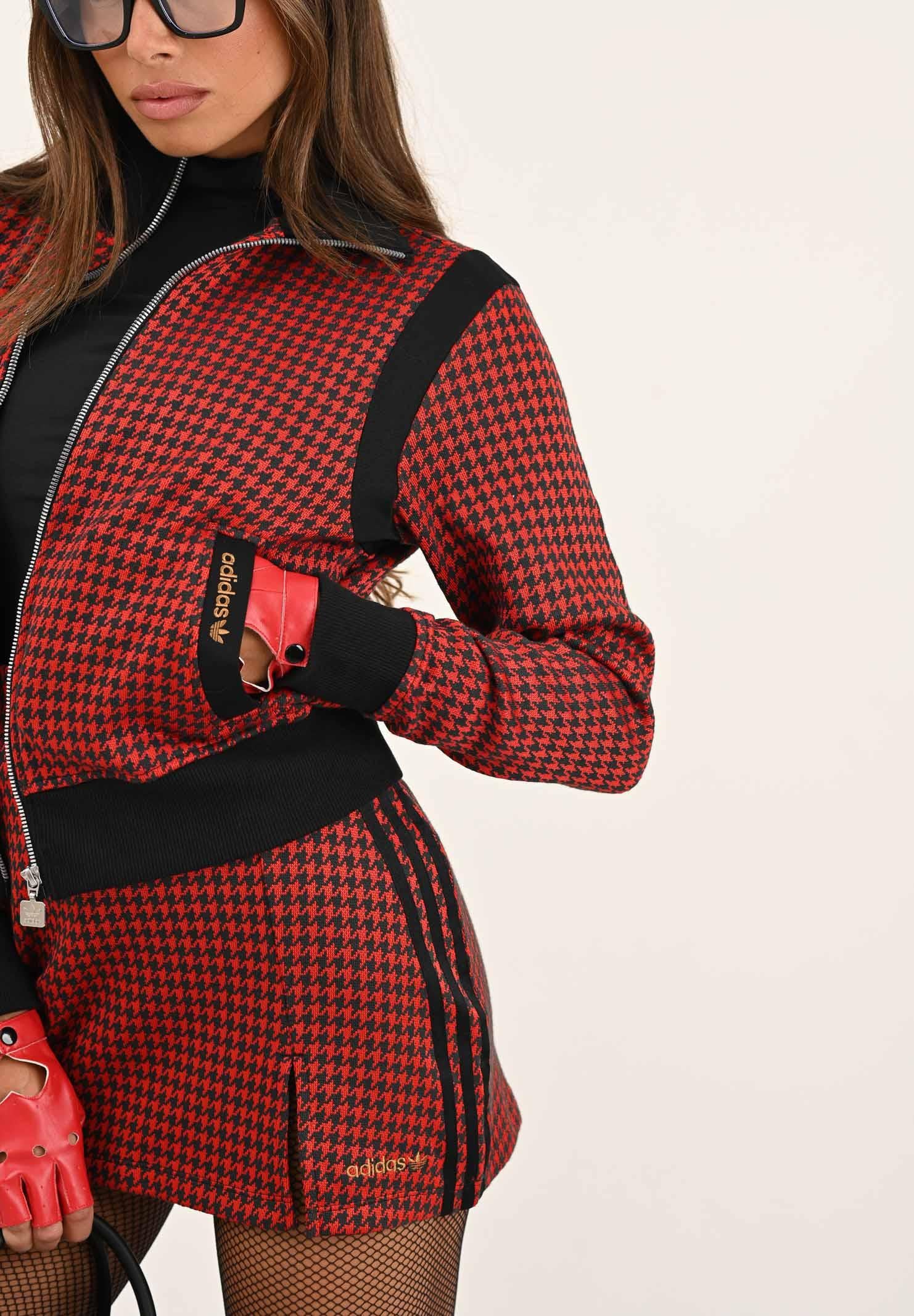 ADIDAS ORIGINALS Felpa con zip pied-de-poule rossa e nera da donna JY3461 . ADIDAS ORIGINALS 