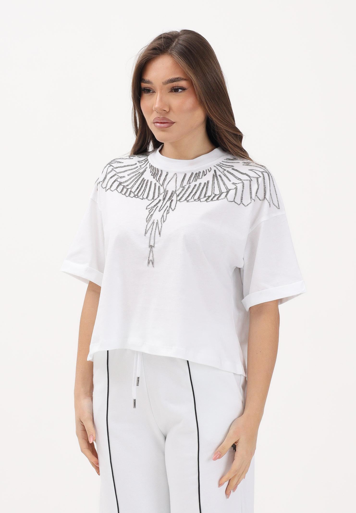 MARCELO BURLON COUNTY OF MILAN T-shirt a manica corta bianca da donna con ricamo ali in strass 26ECM30125 BI MARCELO BURLON COUNTY OF MILAN 