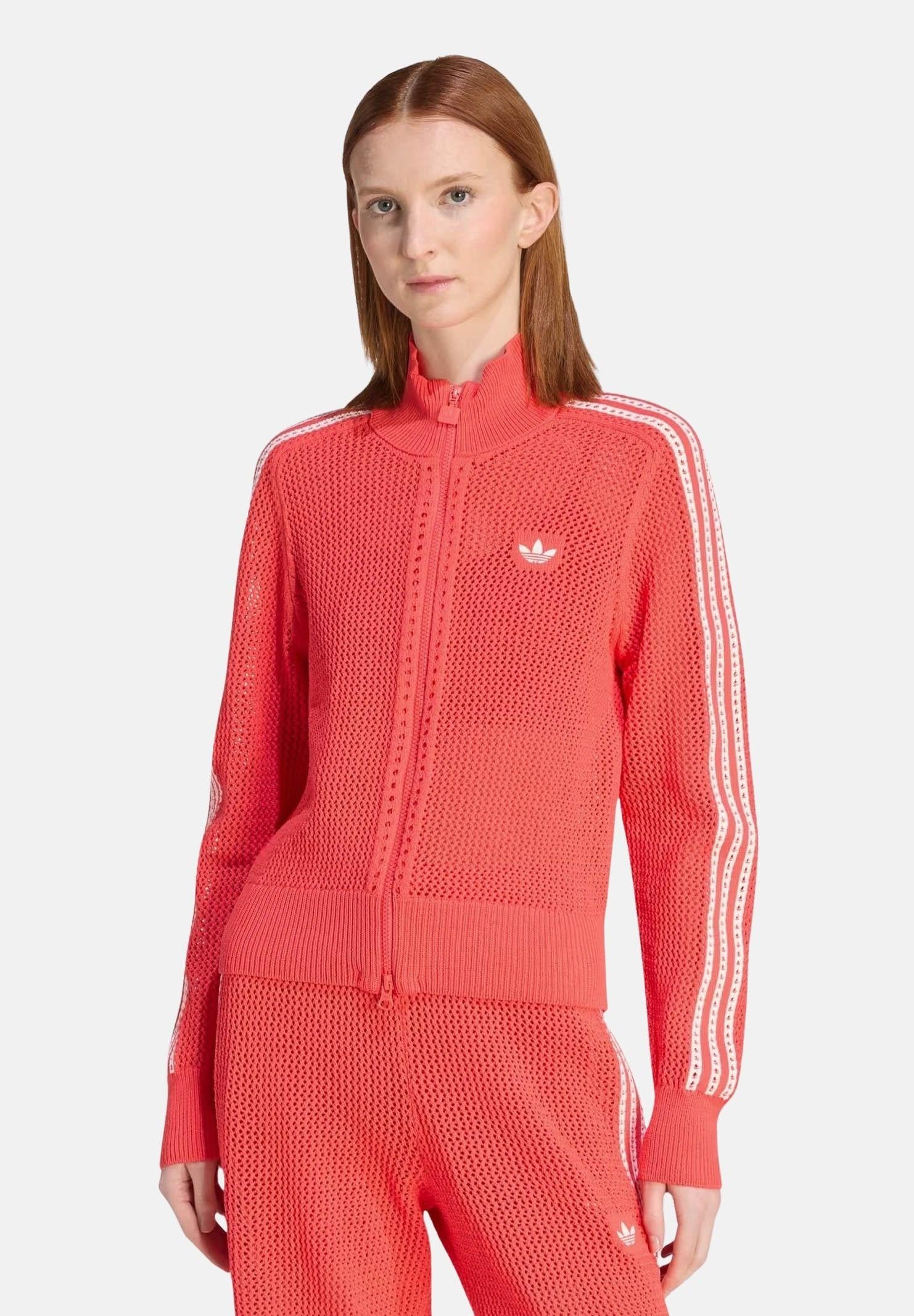 ADIDAS ORIGINALS felpa con zip Knitted Crochet Firebird Track Top Semi Lucid Red rosso donna. KC6495 . ADIDAS ORIGINALS 
