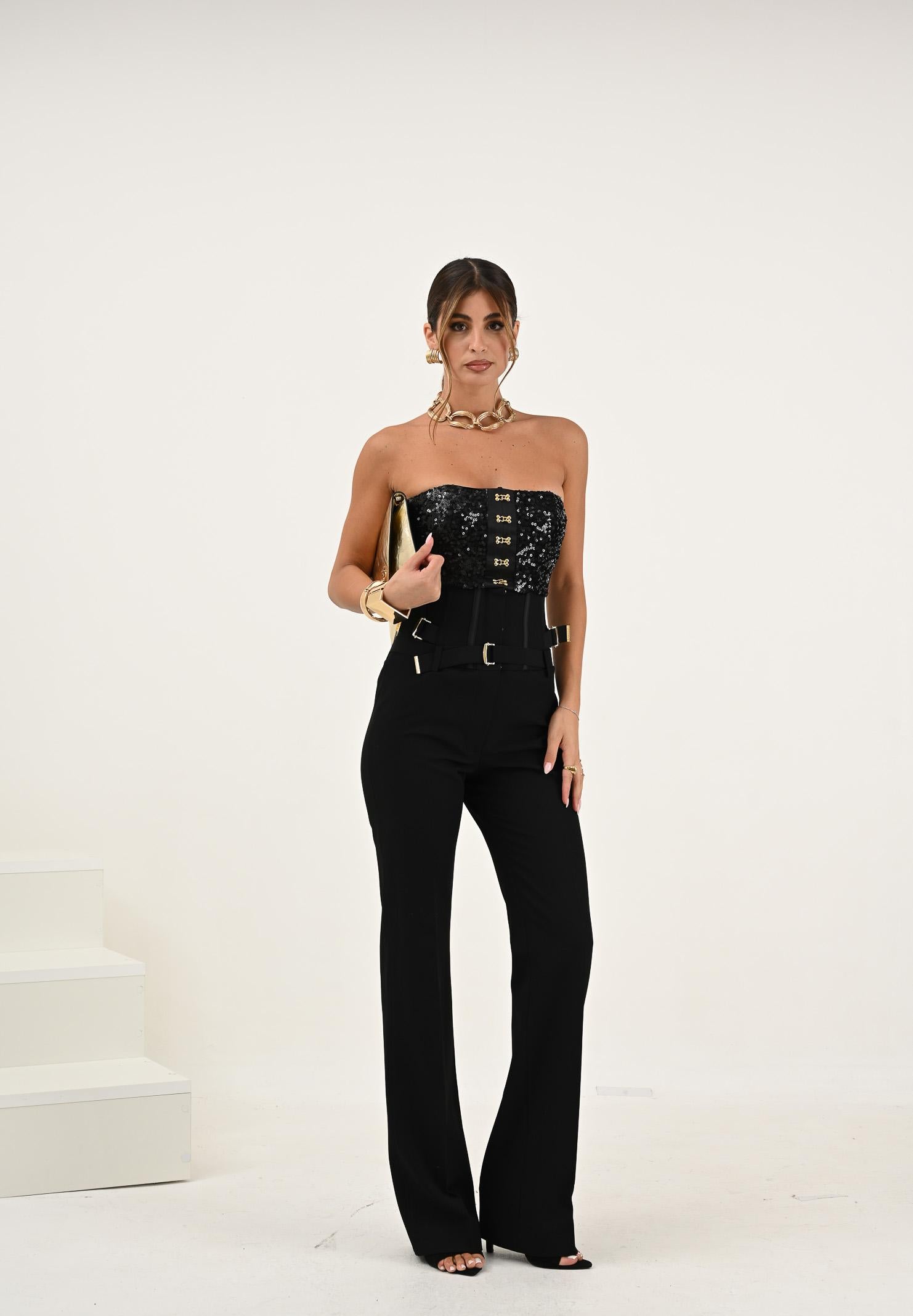 ELISABETTA FRANCHI Top nero da donna con paillettes e ganci gioiello<BR/> TO04757E2 110 ELISABETTA FRANCHI 