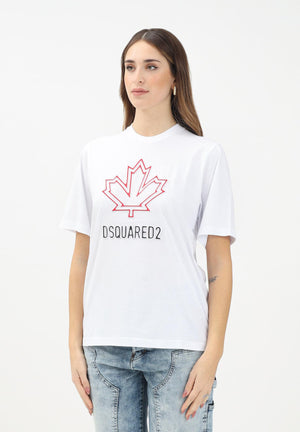 DSQUARED2 T-shirt a manica corta bianca per donna, ragazzi e bambini con logo Maple Leaf DQ2770D0015 DQ100 DSQUARED2 