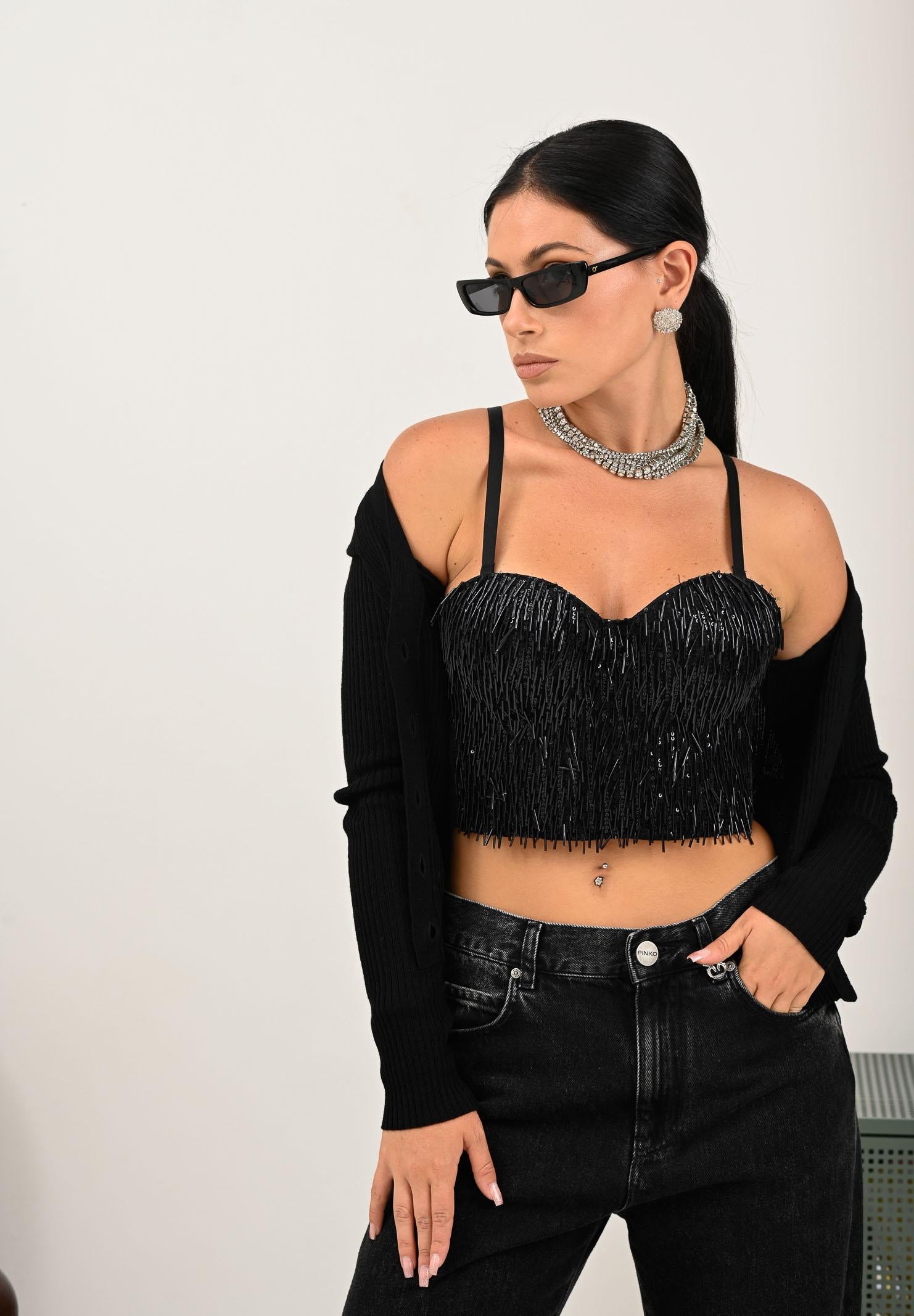 TPN Corpetto nero da donna con strass FERSIT122W5 D6 TPN 