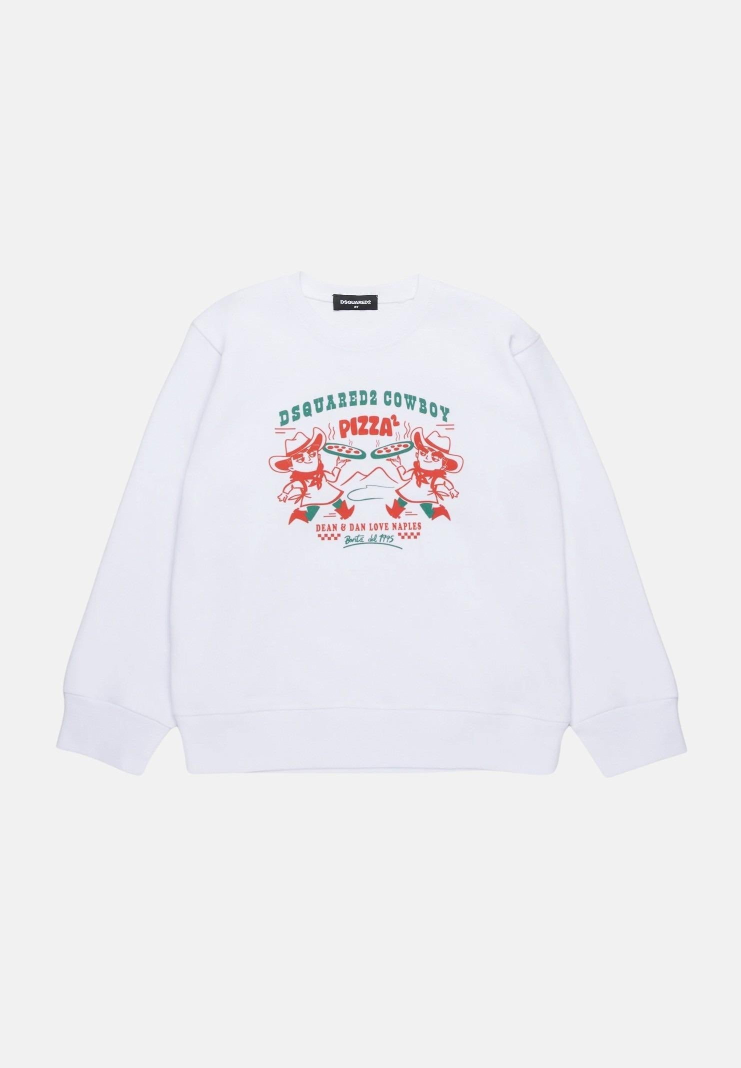 Felpa girocollo bianca per bambino e bambina con grafica Cowboy Pizza DQ2977D0094-B DQ100 DSQUARED2 
