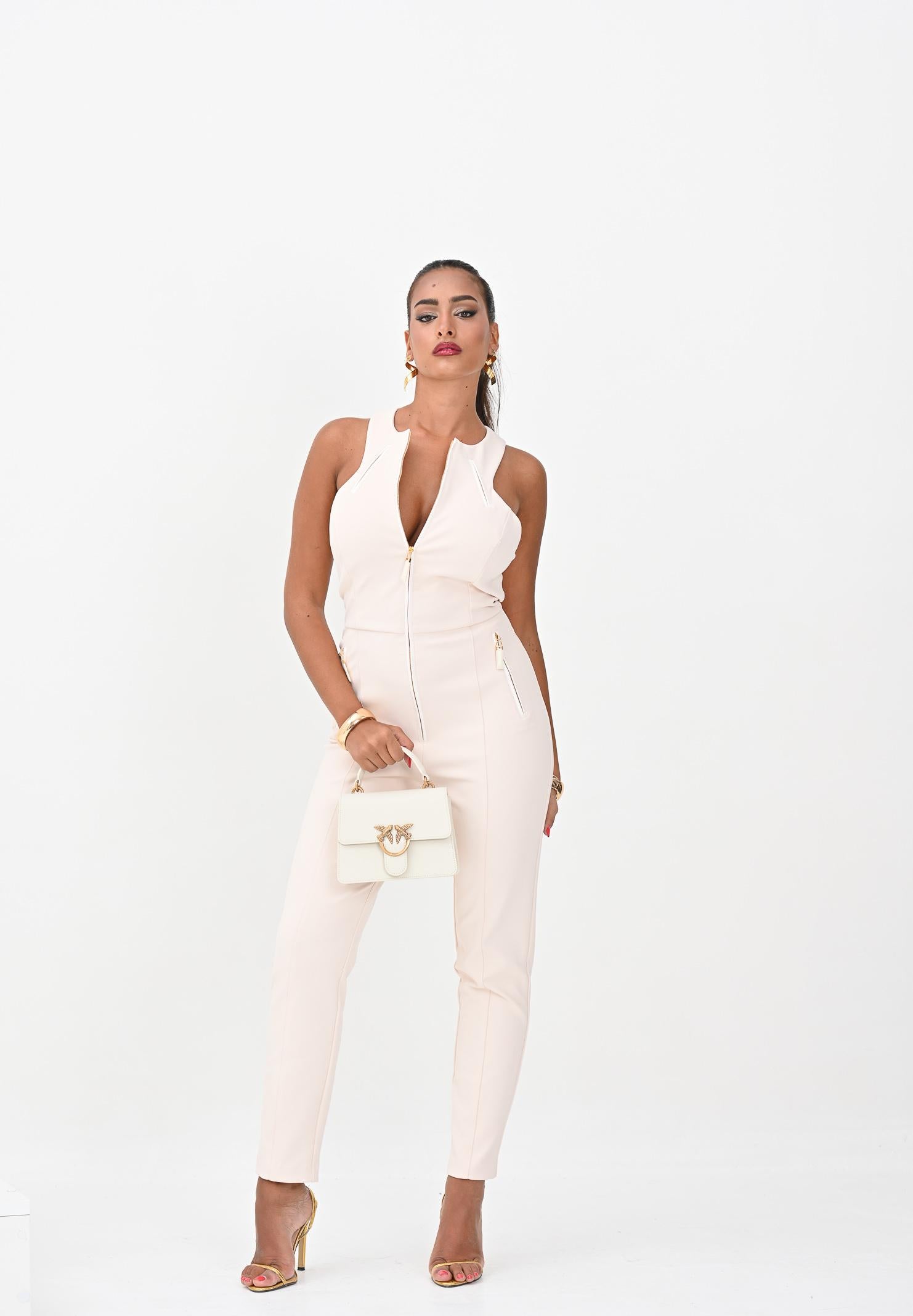 ELISABETTA FRANCHI Tuta elegante latte da donna con dettagli zip TU05556E2 DZ9 ELISABETTA FRANCHI 