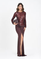 ELISABETTA FRANCHI Abito lungo bordeaux da donna in tulle e jersey con paillettes ABR2057E2 CG3 ELISABETTA FRANCHI 
