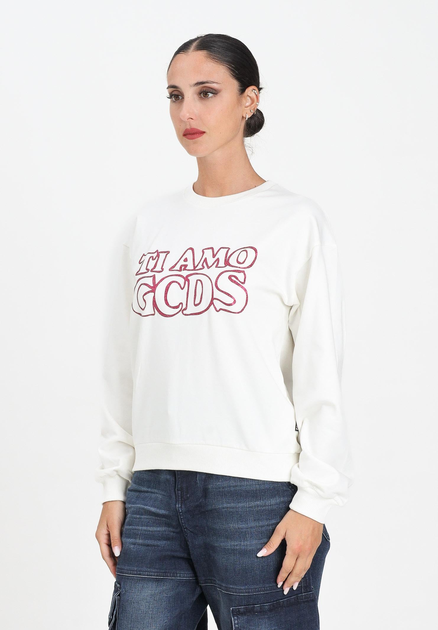 GCDS Felpa girocollo bianca per donna e ragazze con stampa in strass B2JW1532BA5 15 GCDS 
