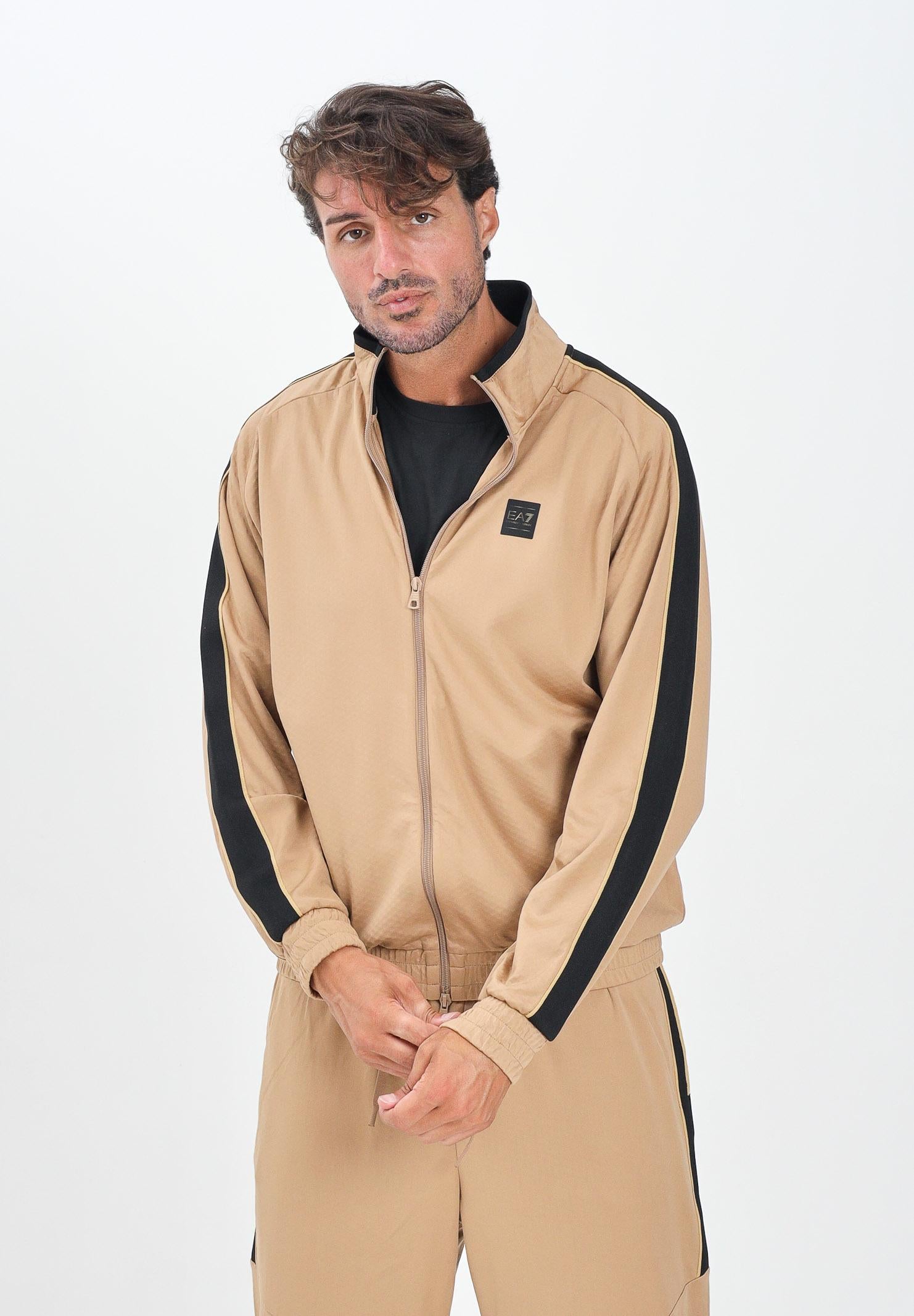 EA7 Felpa con zip beige da uomo rifinita da logo e bande laterali a contrasto 7M000620AF17089 U6171 EA7 