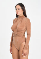 ELISABETTA FRANCHI Body manica lunga cammello da donna con nastri criss-cross<BR/> BO00856E2 EC1 ELISABETTA FRANCHI 