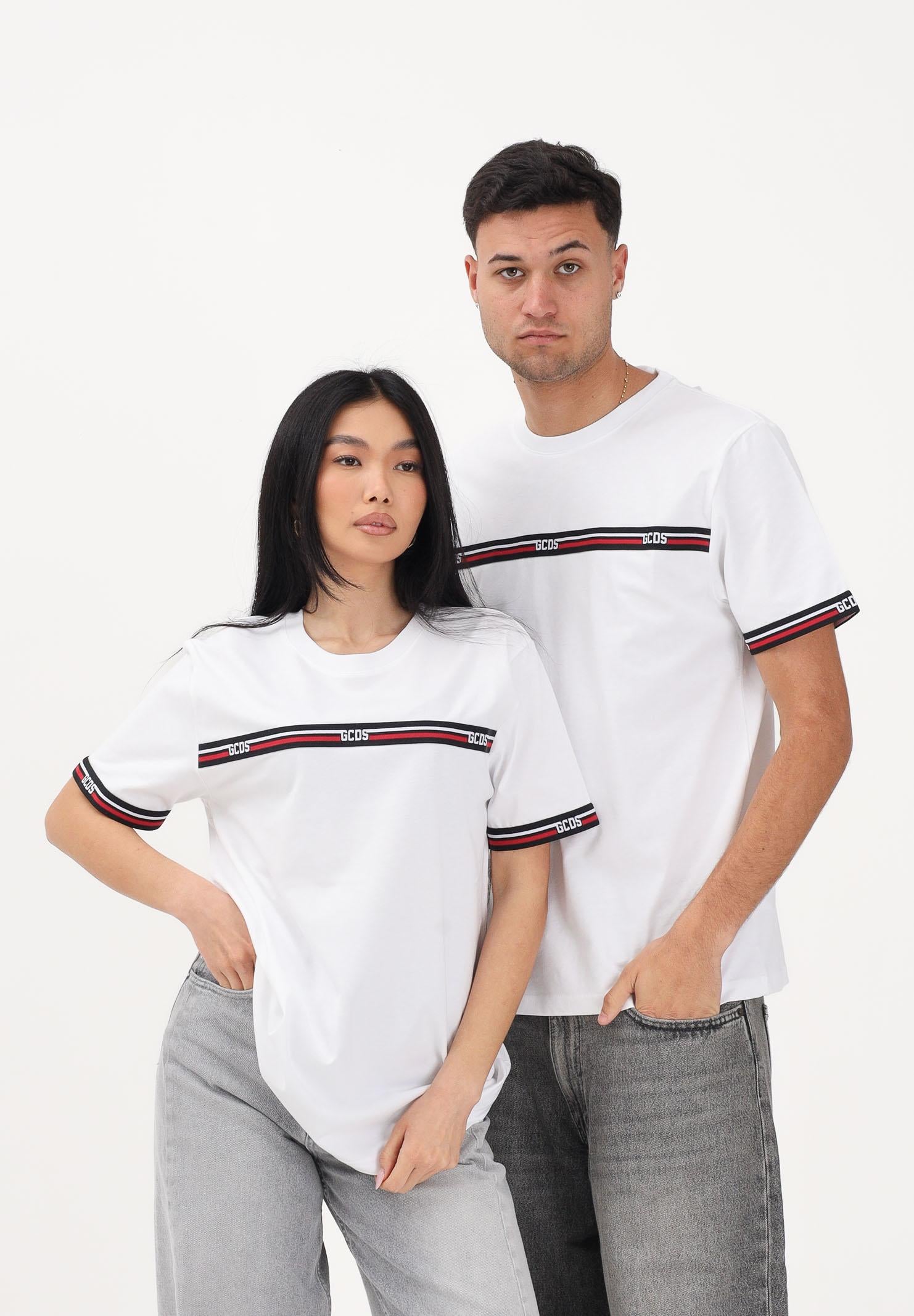 GCDS T-shirt a manica corta bianca per uomo e donna con bande logate C1MEQC036J101 100B GCDS 