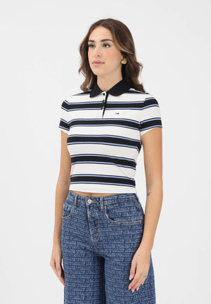 TOMMY JEANS Polo a manica corta bianca e blu da donna caratterizzata da una fantasia a righe orizzontali DW0DW21931 0FB TOMMY JEANS 