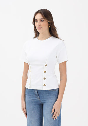 ELISABETTA FRANCHI T-shirt a manica corta bianca da donna con applicazioni di bottoni decorativi MA00461E2 270 ELISABETTA FRANCHI 