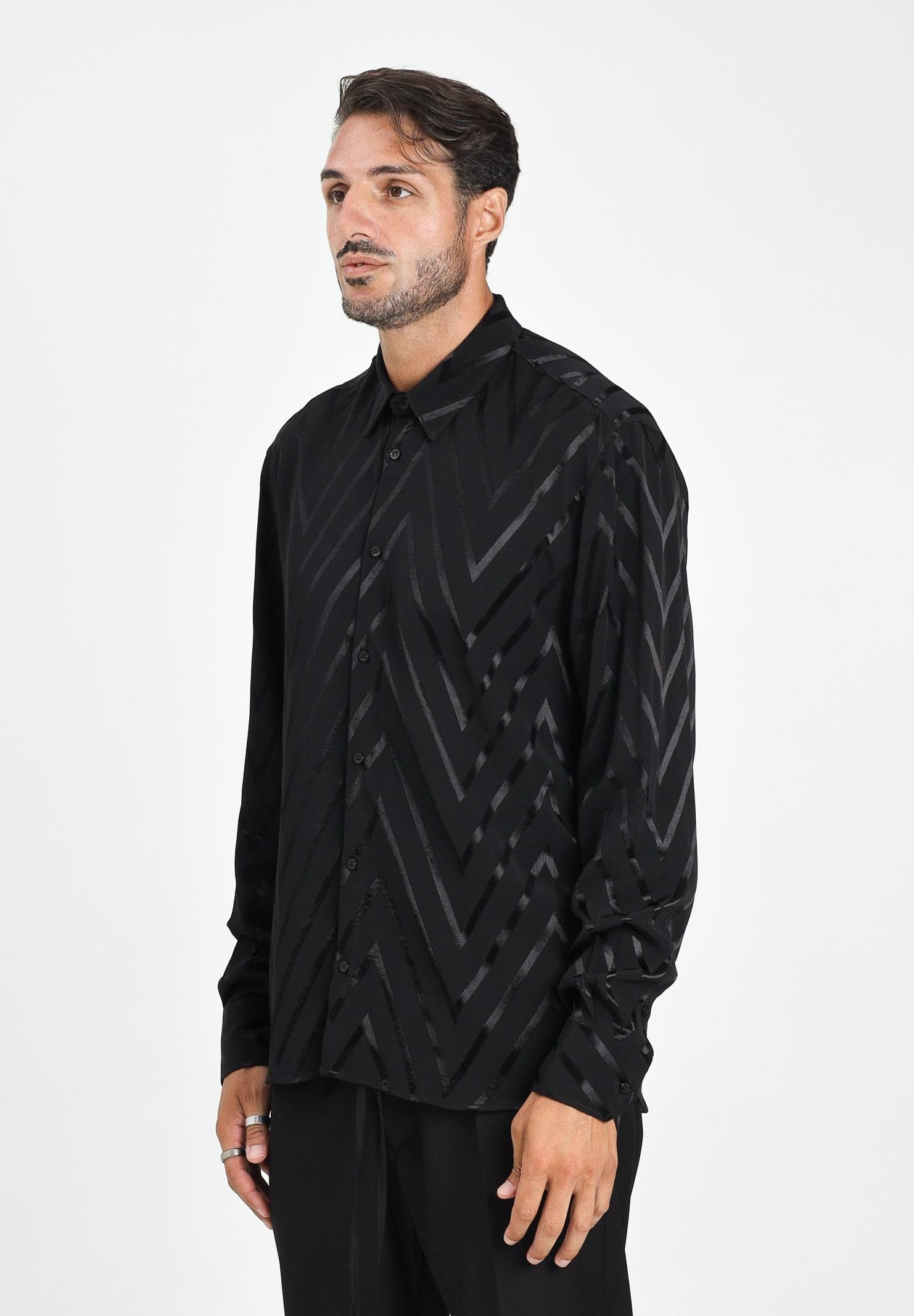 I'M BRIAN Camicia a manica lunga nera da uomo con fantasia a zig-zag CA3426 009 I'M BRIAN 