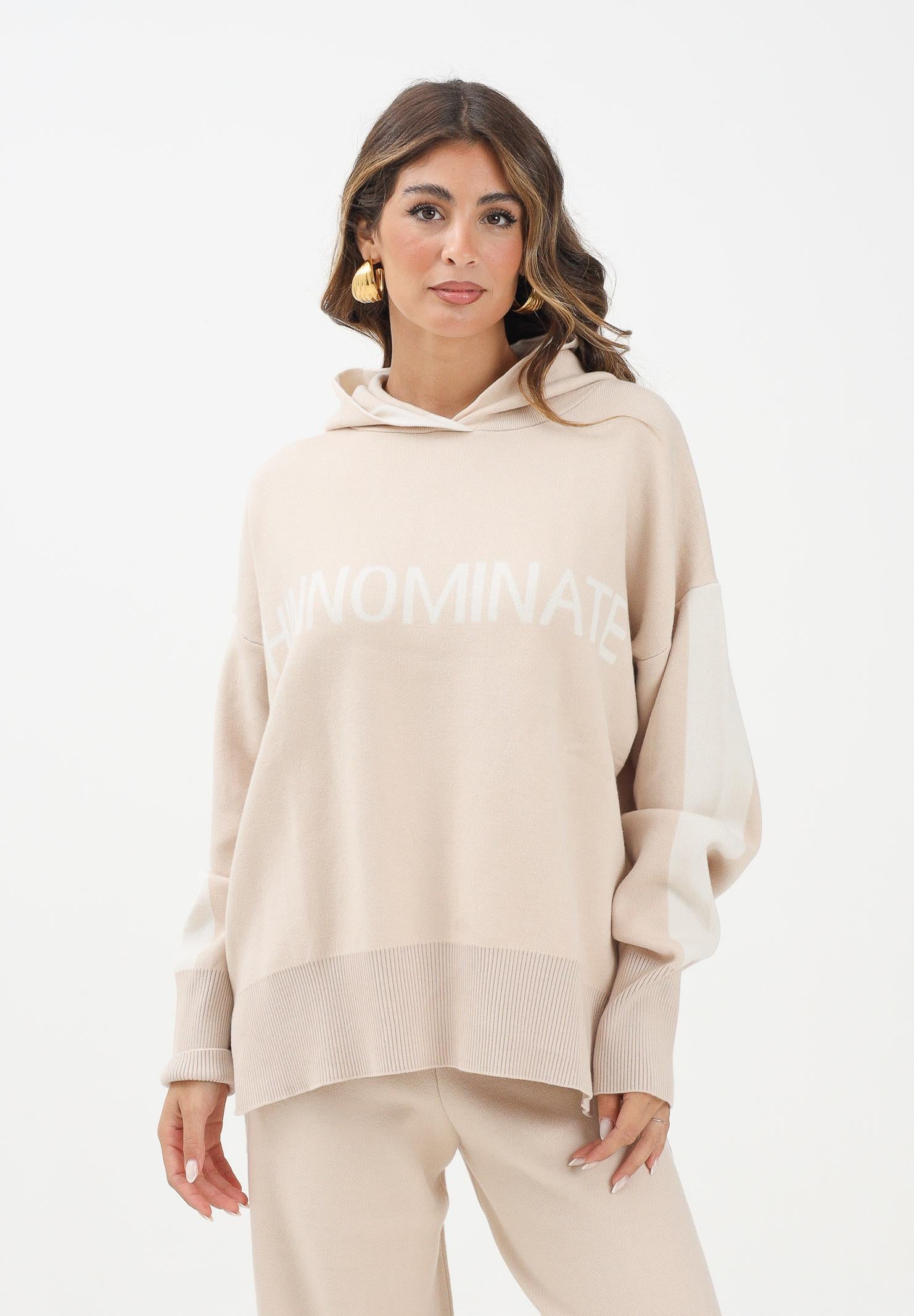 HINNOMINATE Maglia con cappuccio beige da donna con bande e logo HMABW02124 BE11 HINNOMINATE 