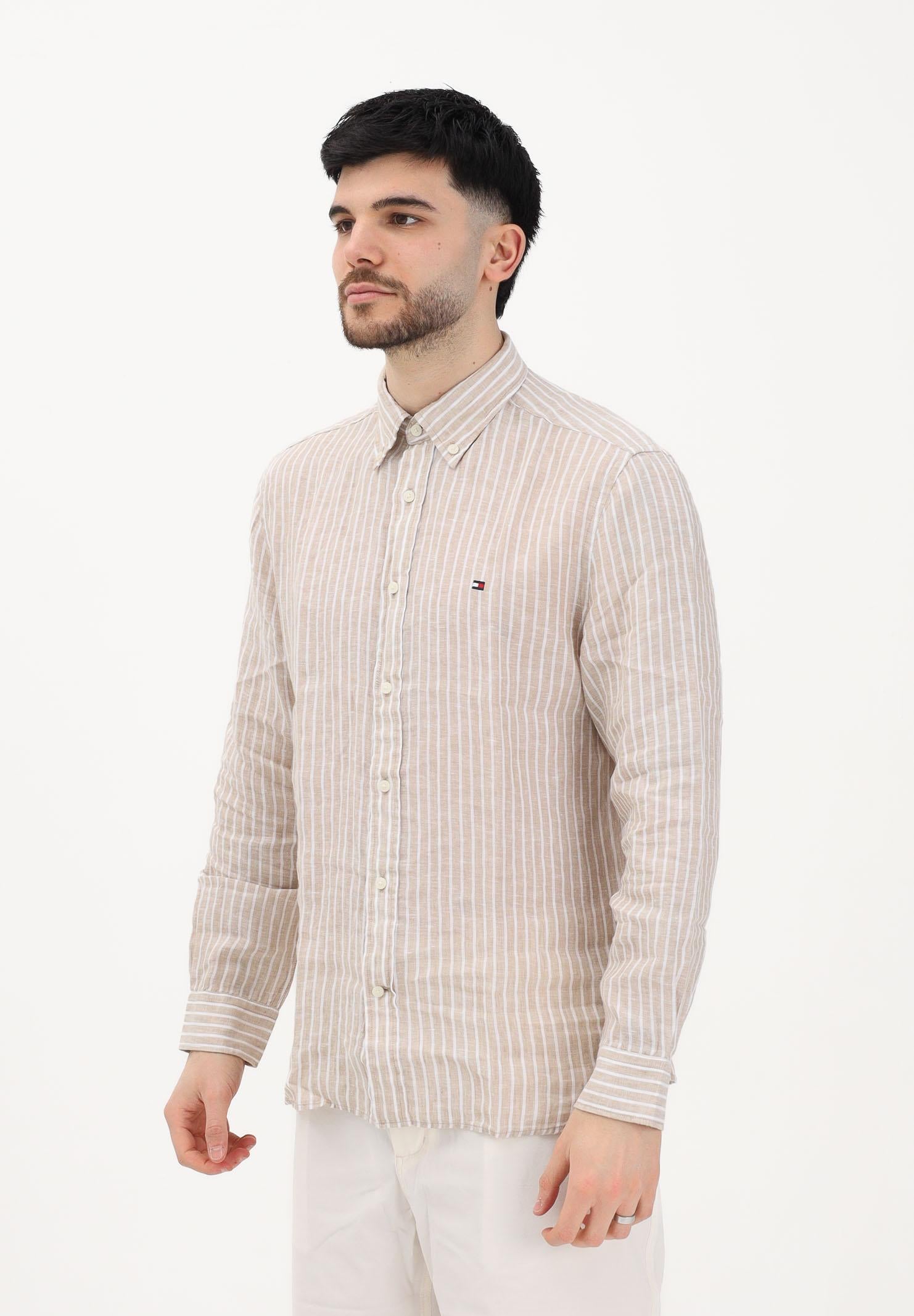 TOMMY HILFIGER Camicia a manica lunga beige da uomo con motivo a righe MW0MW42400 0BK TOMMY HILFIGER 