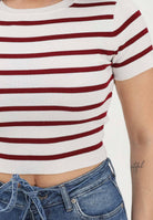 JDY Top a manica corta da donna con motivo a righe panna e bordeaux 15294790 CLDARU JDY 