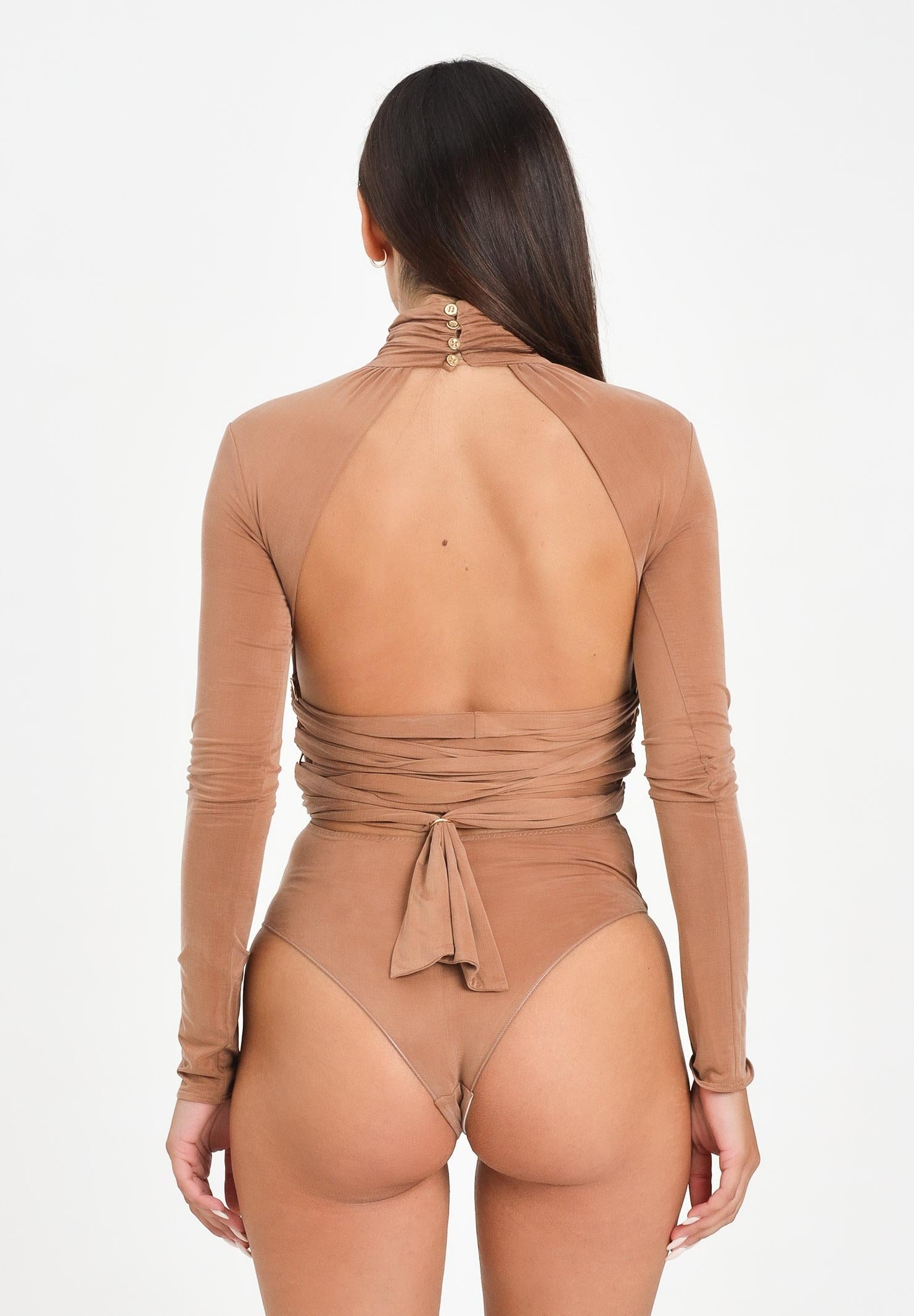 ELISABETTA FRANCHI Body manica lunga cammello da donna con nastri criss-cross<BR/> BO00856E2 EC1 ELISABETTA FRANCHI 