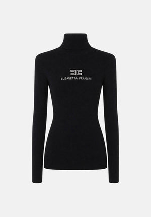 ELISABETTA FRANCHI Dolcevita con logo centrale, colore nero dettagli burro, da donna. MK18B66E2 685 ELISABETTA FRANCHI 