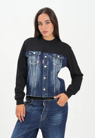 DSQUARED2 Felpa girocollo nera per donna, ragazzi e bambini con busto in denim DQ3007D0AEZ DQ01 DSQUARED2 