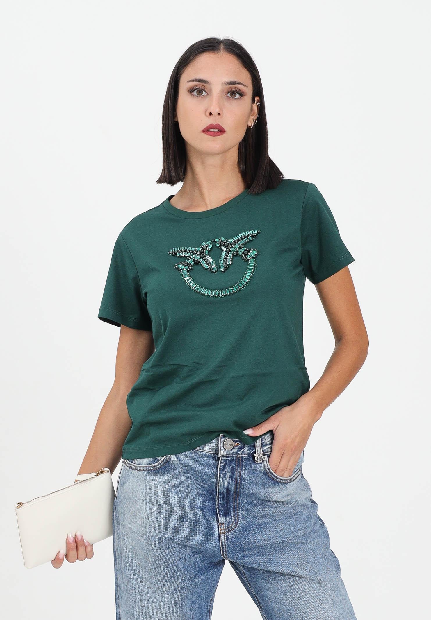 PINKO T-shirt a manica corta verde da donna con logo Love Birds 100535A2RN X79 PINKO 