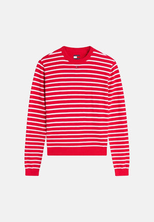 TOMMY JEANS maglia girocollo Essential Crew Sweater Amaryllis Red Stripe bianco con righe rosse e blu donna. DW0DW20159 0EX TOMMY JEANS 