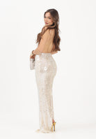 SHIT Abito lungo champagne da donna con paillettes e spilla SH26002 NU SHIT 