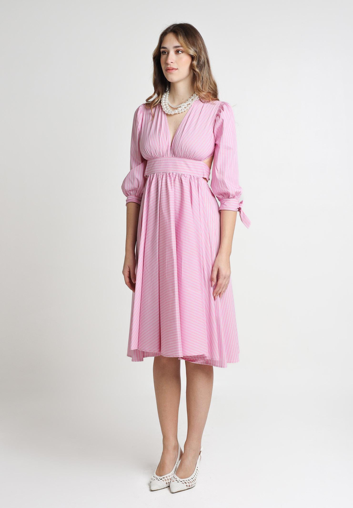 SANTAS Abito midi TIRAMISU' rosa da donna con stampa a righe PV25023 ROSA SANTAS 