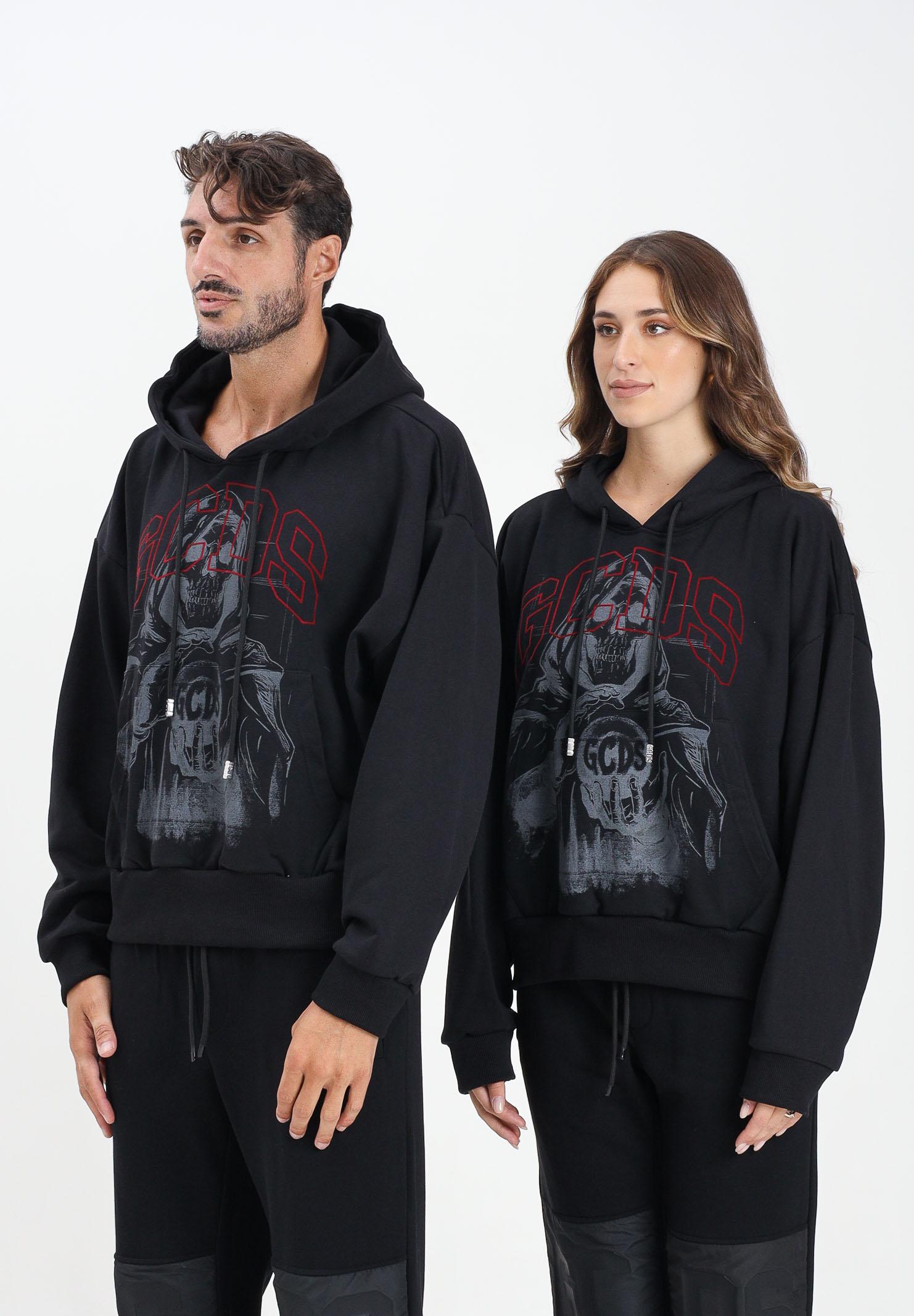GCDS Felpa con cappuccio nera per uomo e donna caratterizzata da stampa B2CM1907JE7 99 GCDS 