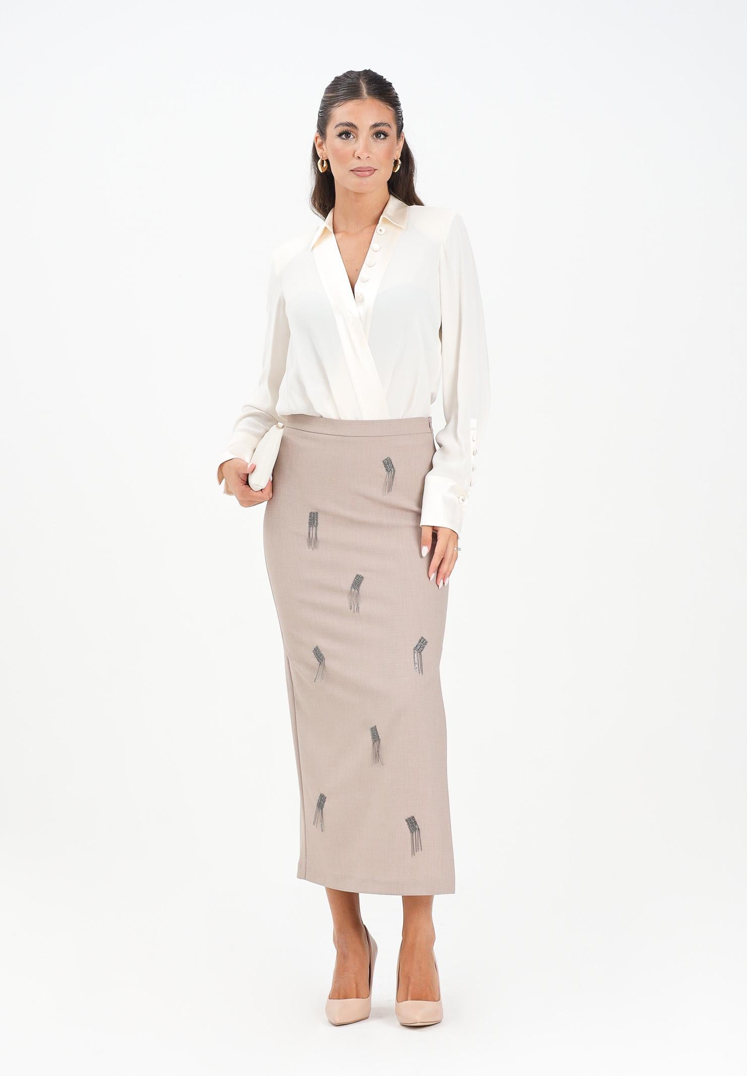 SIMONA CORSELLINI Gonna midi beige da donna con applicazioni gioiello A25CPGO01401-C00235 V0703 SIMONA CORSELLINI 