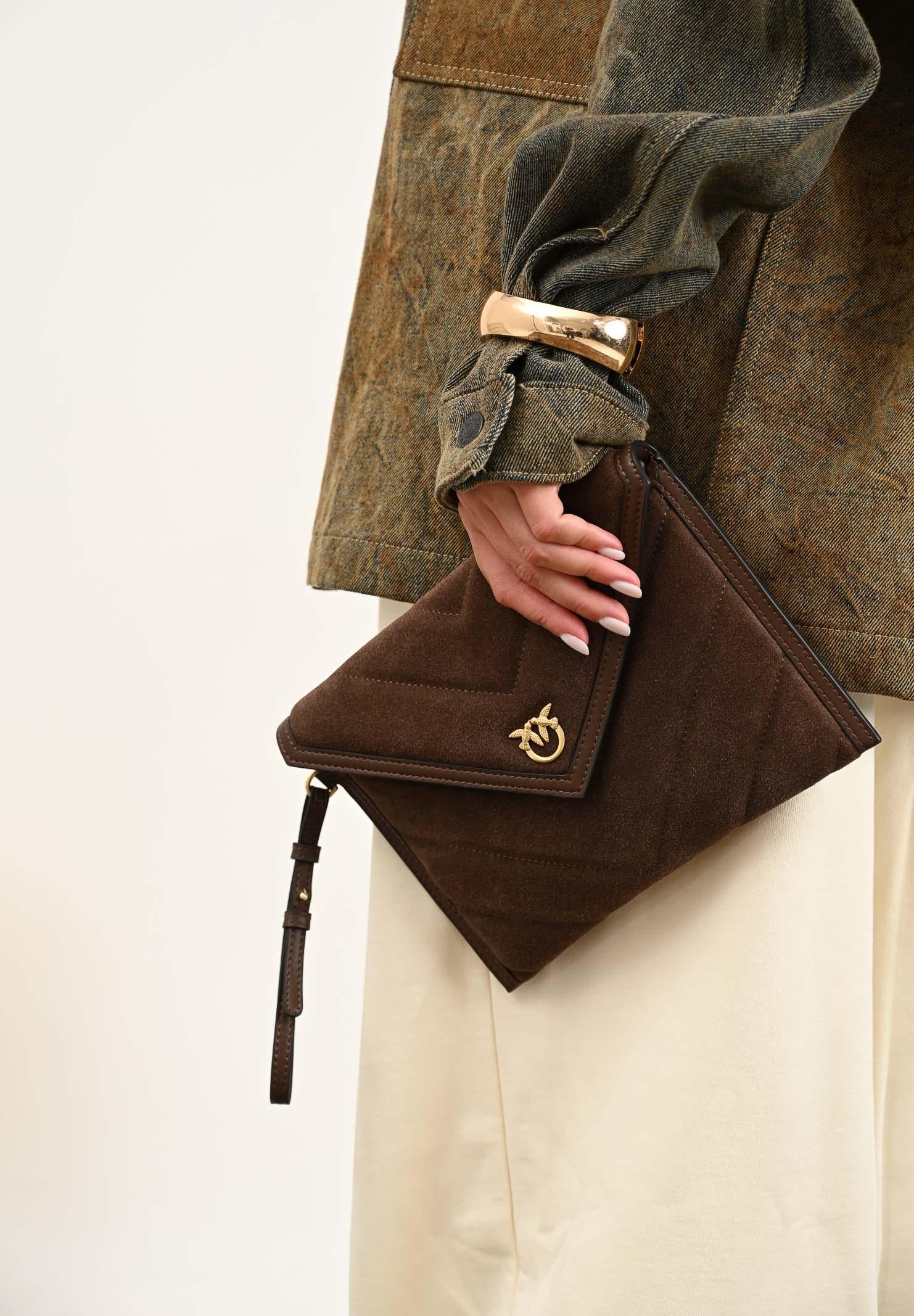 PINKO Pochette realizzata in pelle scamosciata marrone da donna con logo Love Birds 104820A2JH L74V PINKO 