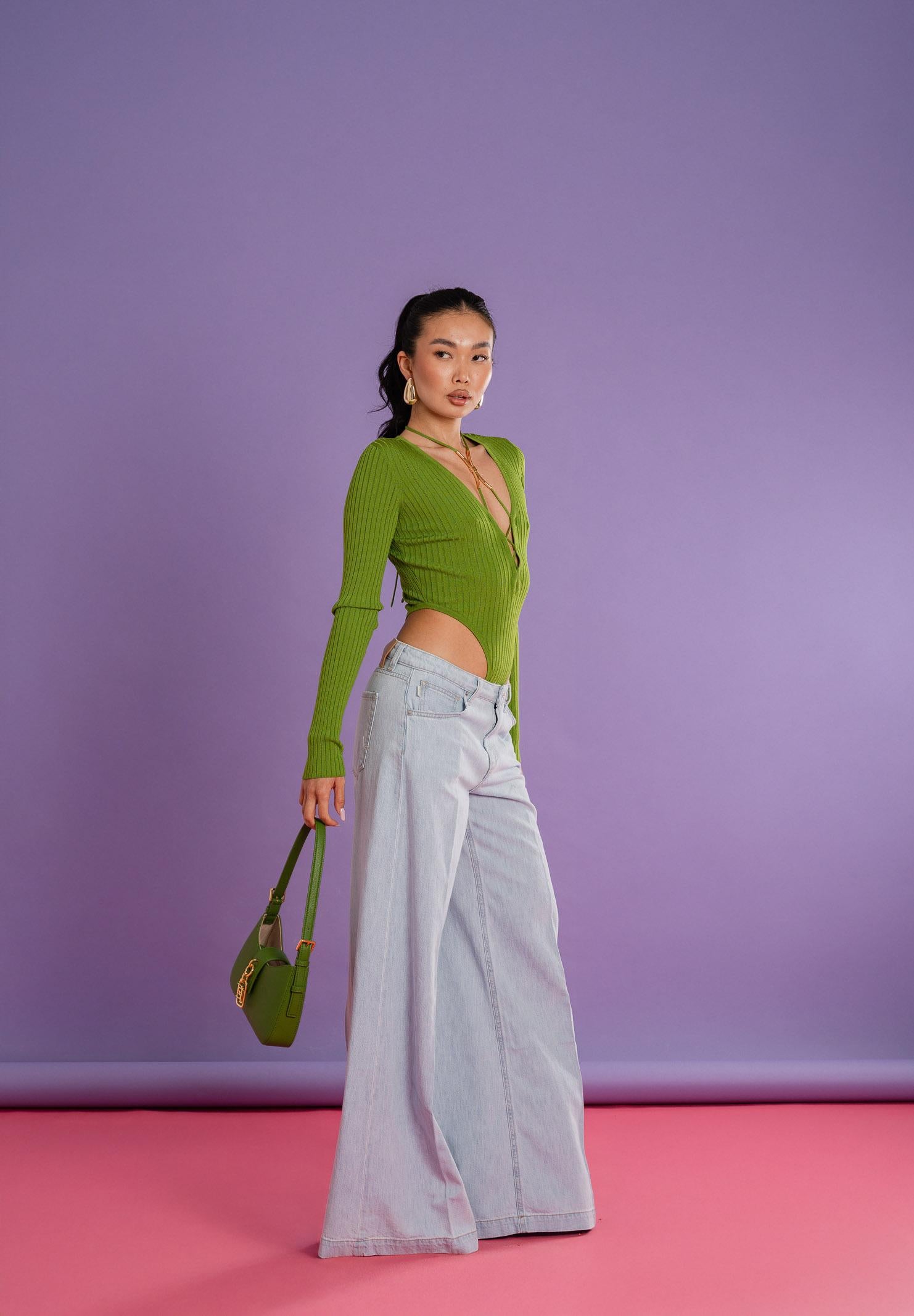 ELISABETTA FRANCHI Body a manica lunga verde da donna con dettaglio gioiello BK83S61E2 EV3 ELISABETTA FRANCHI 