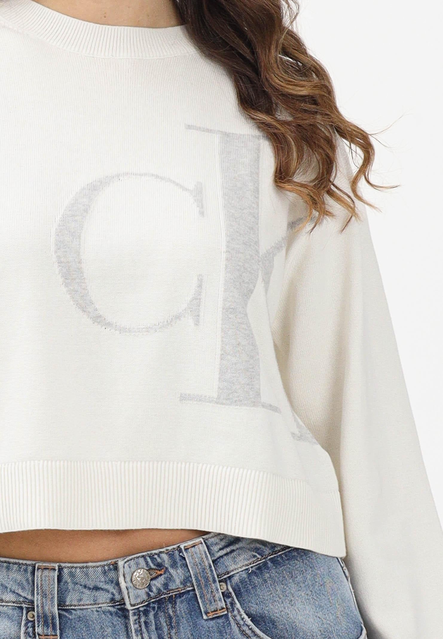 CALVIN KLEIN JEANS Maglioncino girocollo panna da donna con monogramma CK LV047E304GYAS . CALVIN KLEIN JEANS 