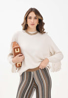 AKEP Maglioncino girocollo panna da donna in maglia rasata con frange MGKD11074 V1 AKEP 