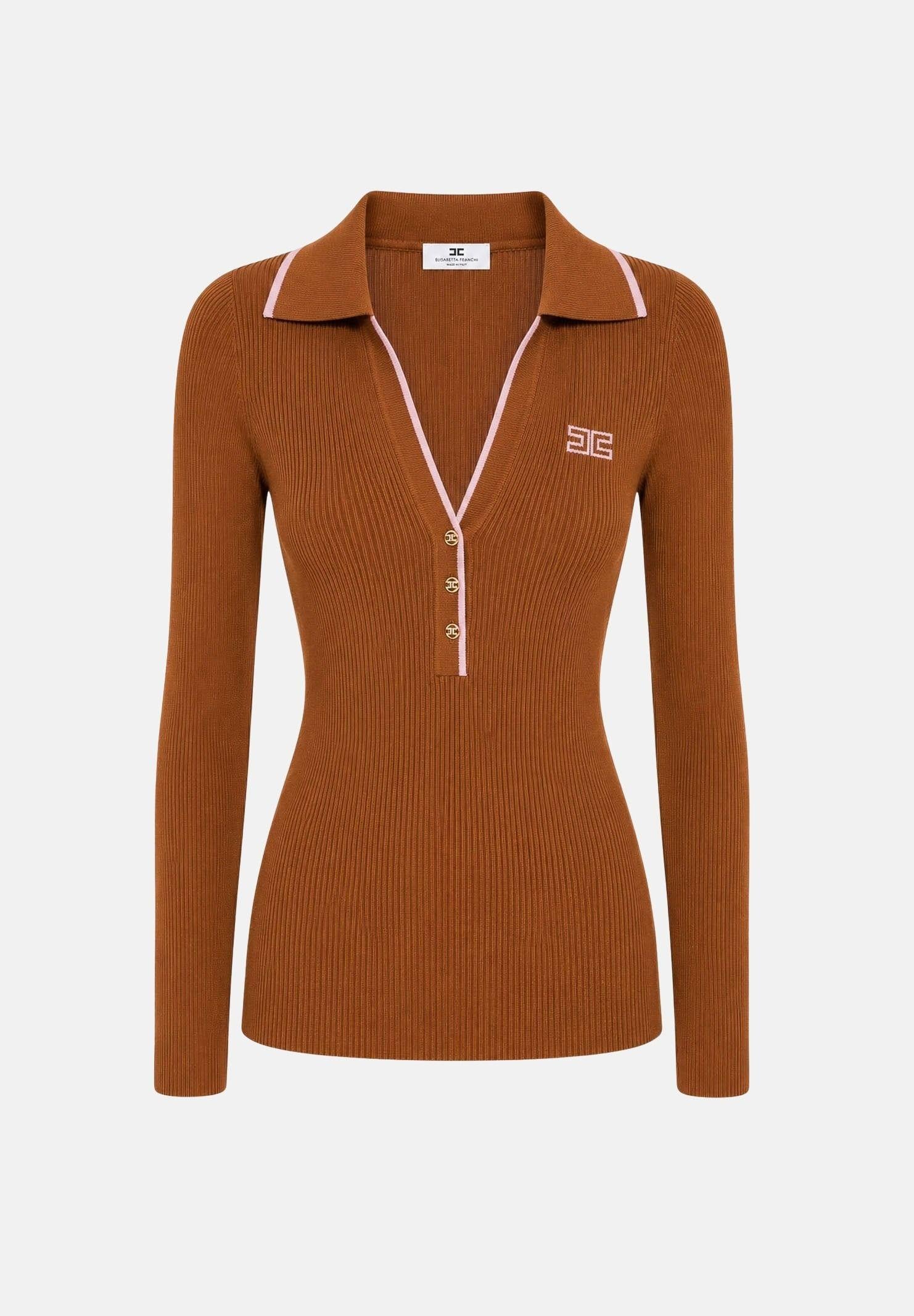 ELISABETTA FRANCHI Polo in lana da donna,color tabacco con dettagli rosa nude. MK17B66E2 FQ4 ELISABETTA FRANCHI 
