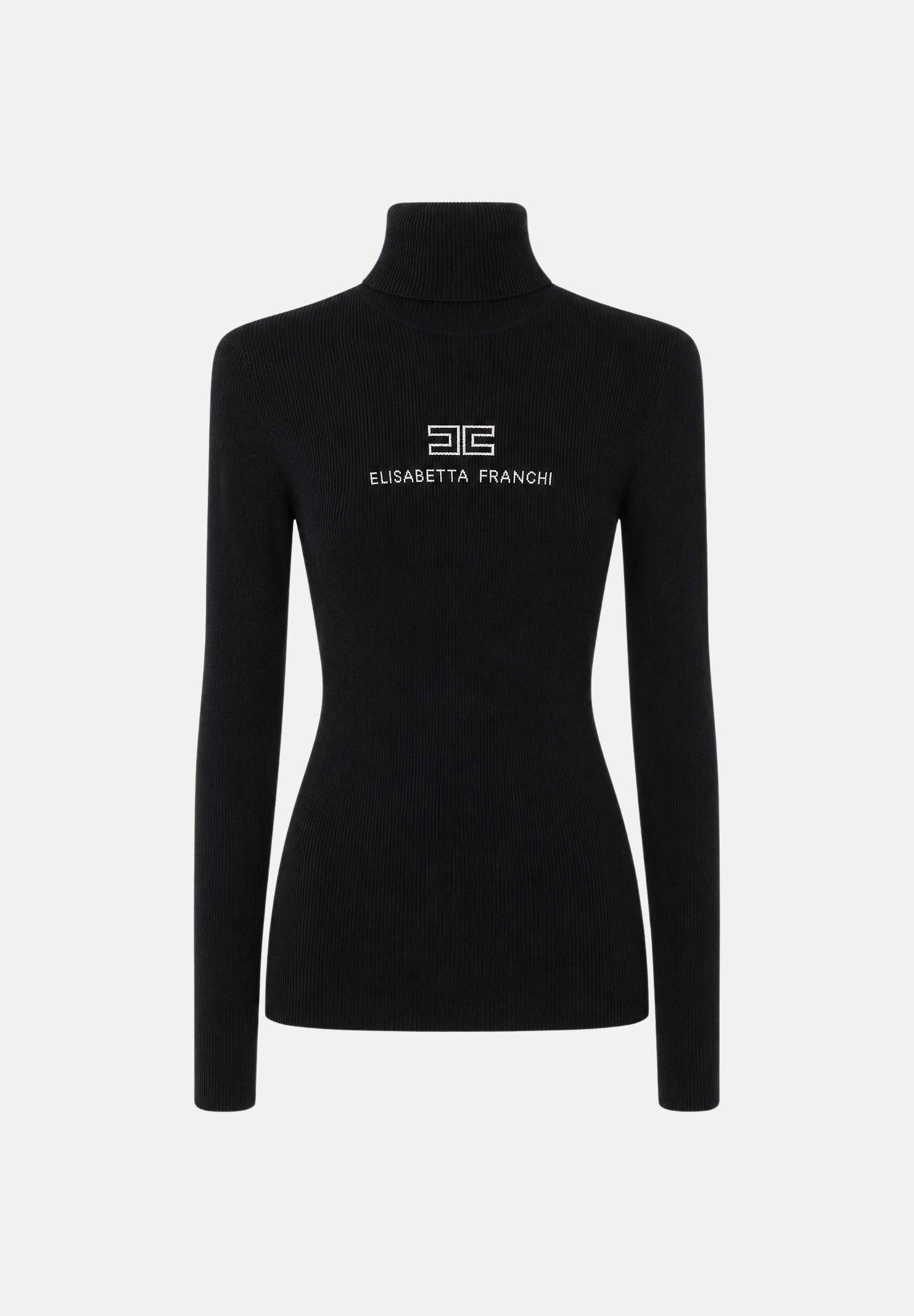 ELISABETTA FRANCHI Maglia dolcevita con logo, colore brand Nero-Burro corrispondente al nero con dettagli bianco crema, da donna. MK18B66E2 685 ELISABETTA FRANCHI 