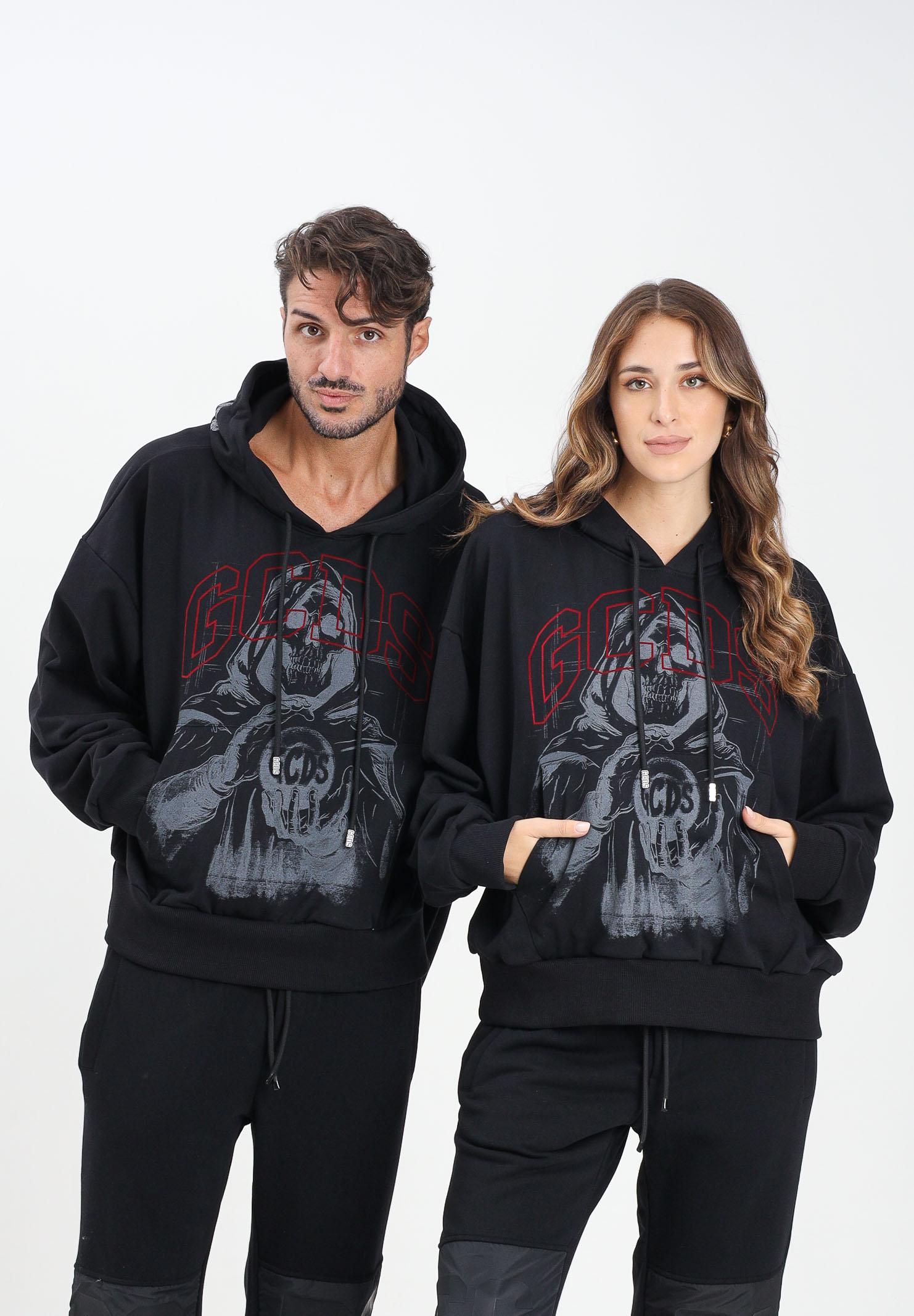 GCDS Felpa con cappuccio nera per uomo e donna caratterizzata da stampa B2CM1907JE7 99 GCDS 