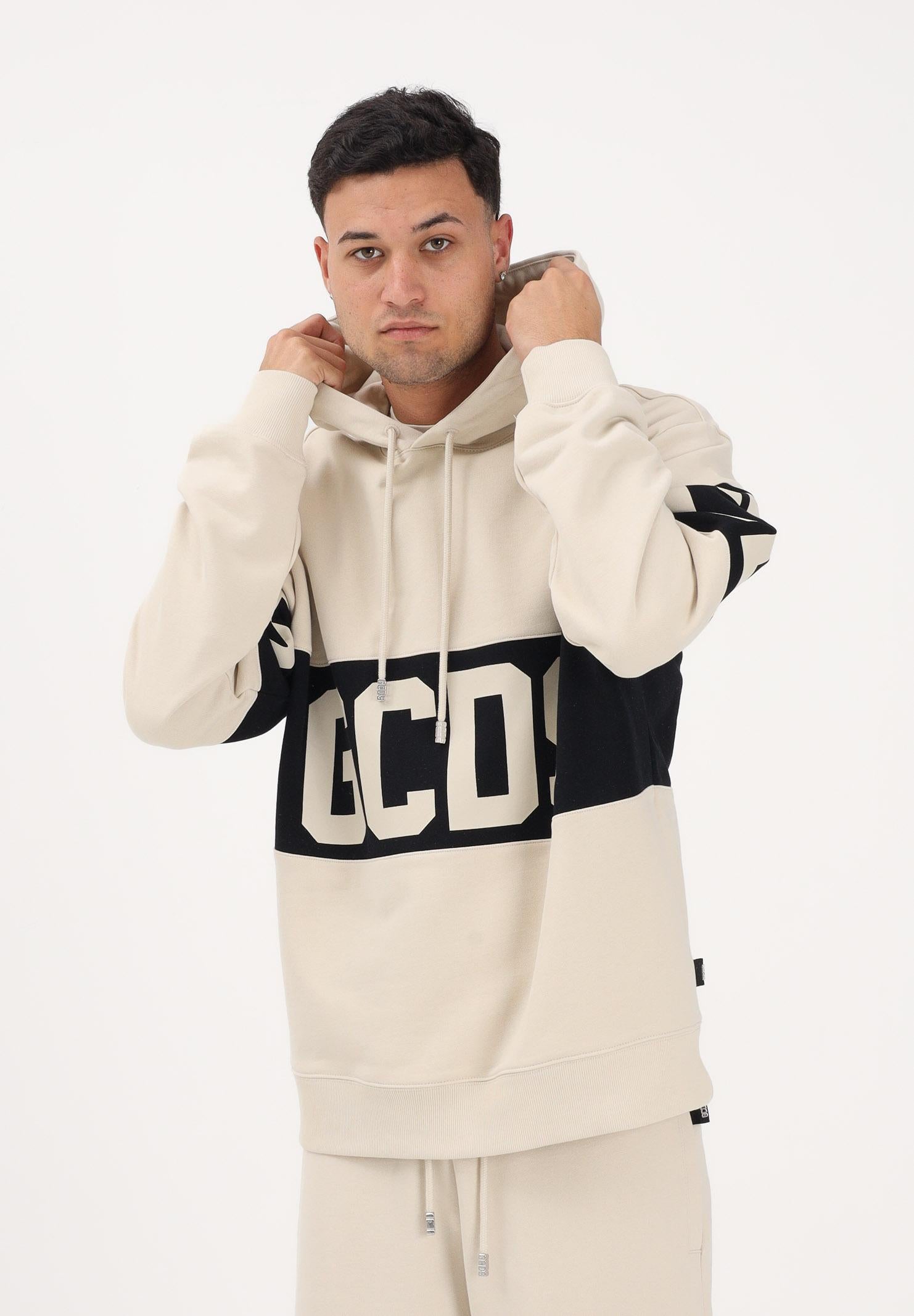 GCDS Felpa con cappuccio beige per uomo e donna caratterizzata da banda a contrasto e logo Z0MLQE138F004 316B GCDS 