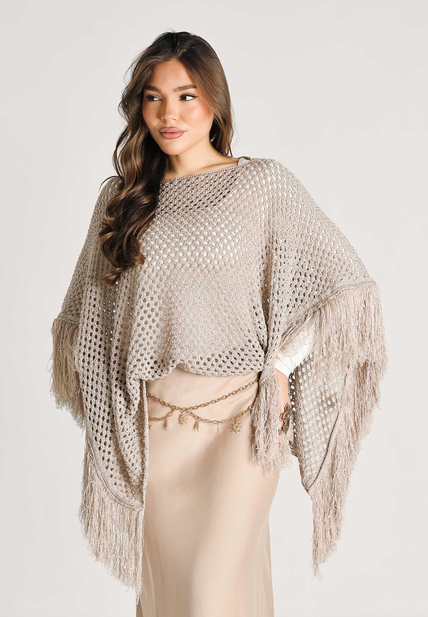 AKEP Mantella beige da donna con frange ACKD13039 V3 AKEP 