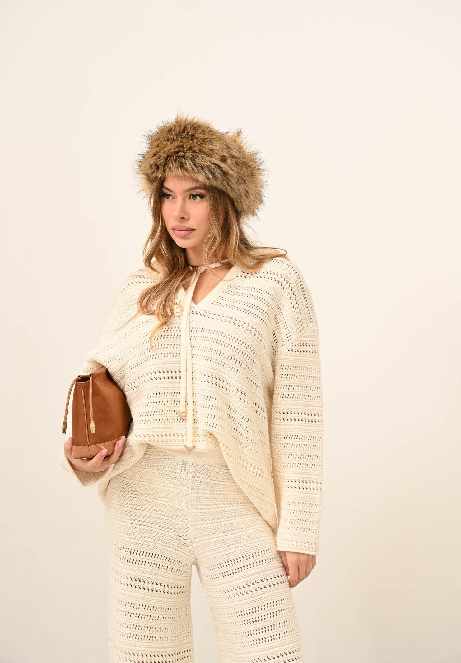 AKEP Maglia con cappuccio panna da donna dalla lavorazione traforata MGKD11065 V2 AKEP 