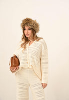 AKEP Maglia con cappuccio panna da donna dalla lavorazione traforata MGKD11065 V2 AKEP 