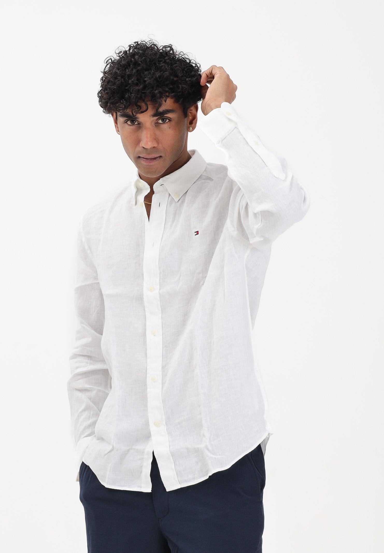 TOMMY HILFIGER Camicia a manica lunga in lino bianca da uomo MW0MW41530 YBR TOMMY HILFIGER 