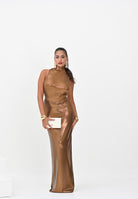 ELISABETTA FRANCHI Abito lungo bronzo da donna in maglia laminata AM13Q56E2 EC1 ELISABETTA FRANCHI 