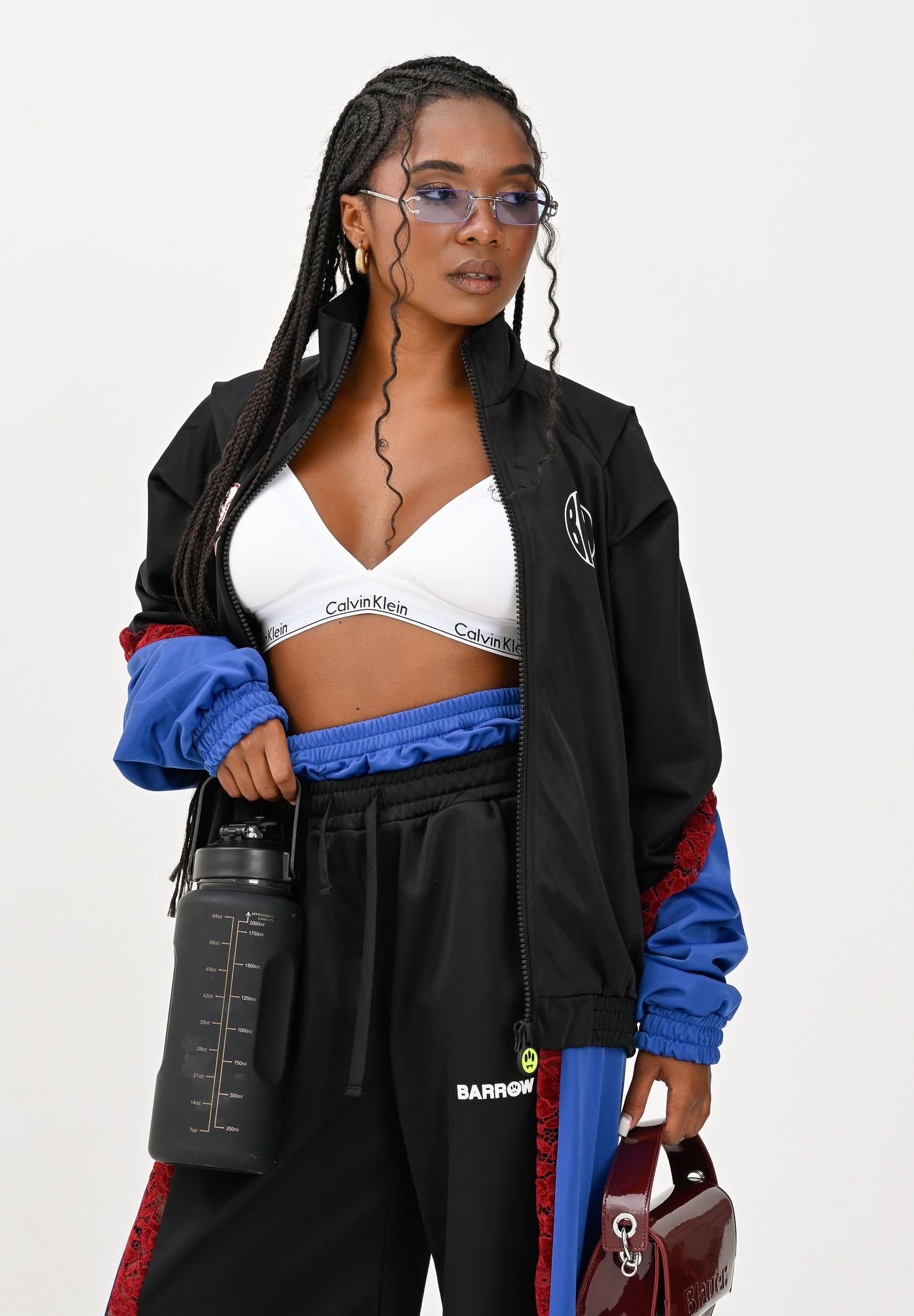 BARROW Giacca a vento nera da donna con stampe e inserti blu e in pizzo rosso F5BWWOJK107 110 BARROW 