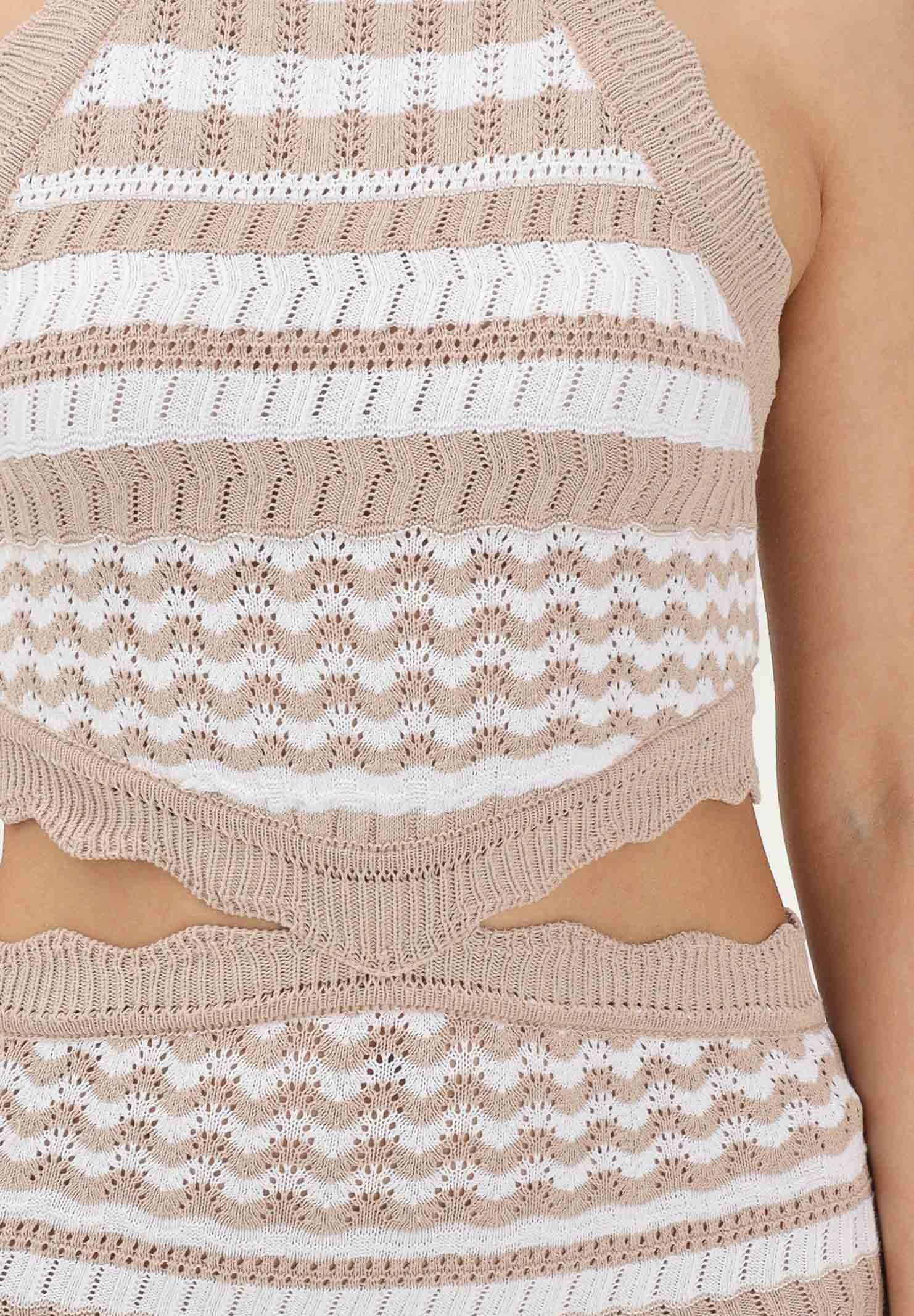 AKEP Abito lungo a righe bianco e beige da donna VSKD13206 V3 AKEP 